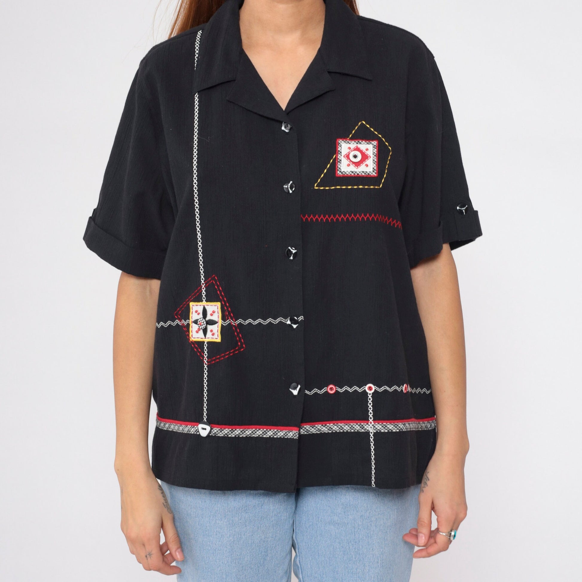 90s Koret Black Button-Up Blouse Abstract Embroidery Beaded Patch Large L