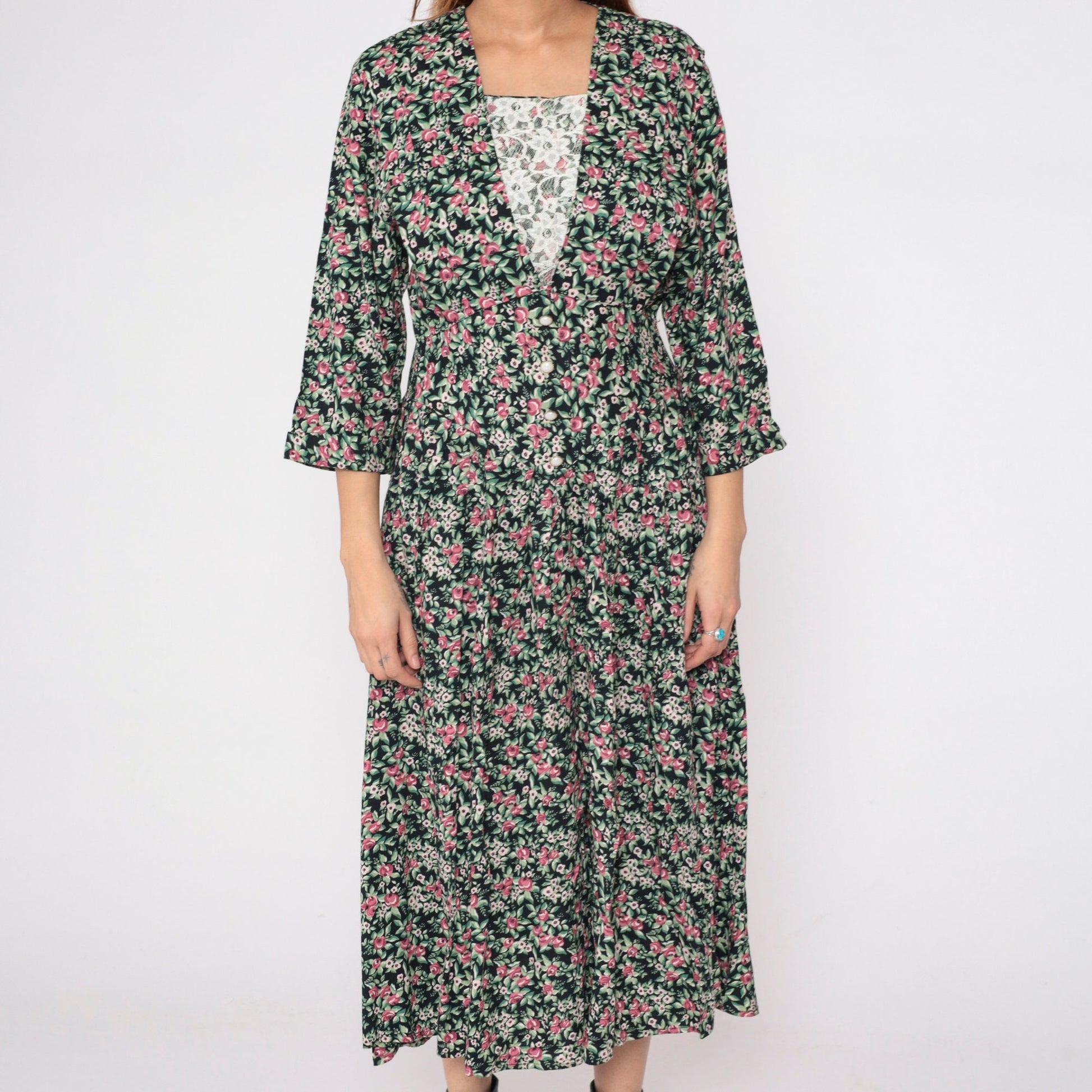 90s Maggie Lawrence Black Floral Midi Dress Basque Waist Lace V-Neck Small S