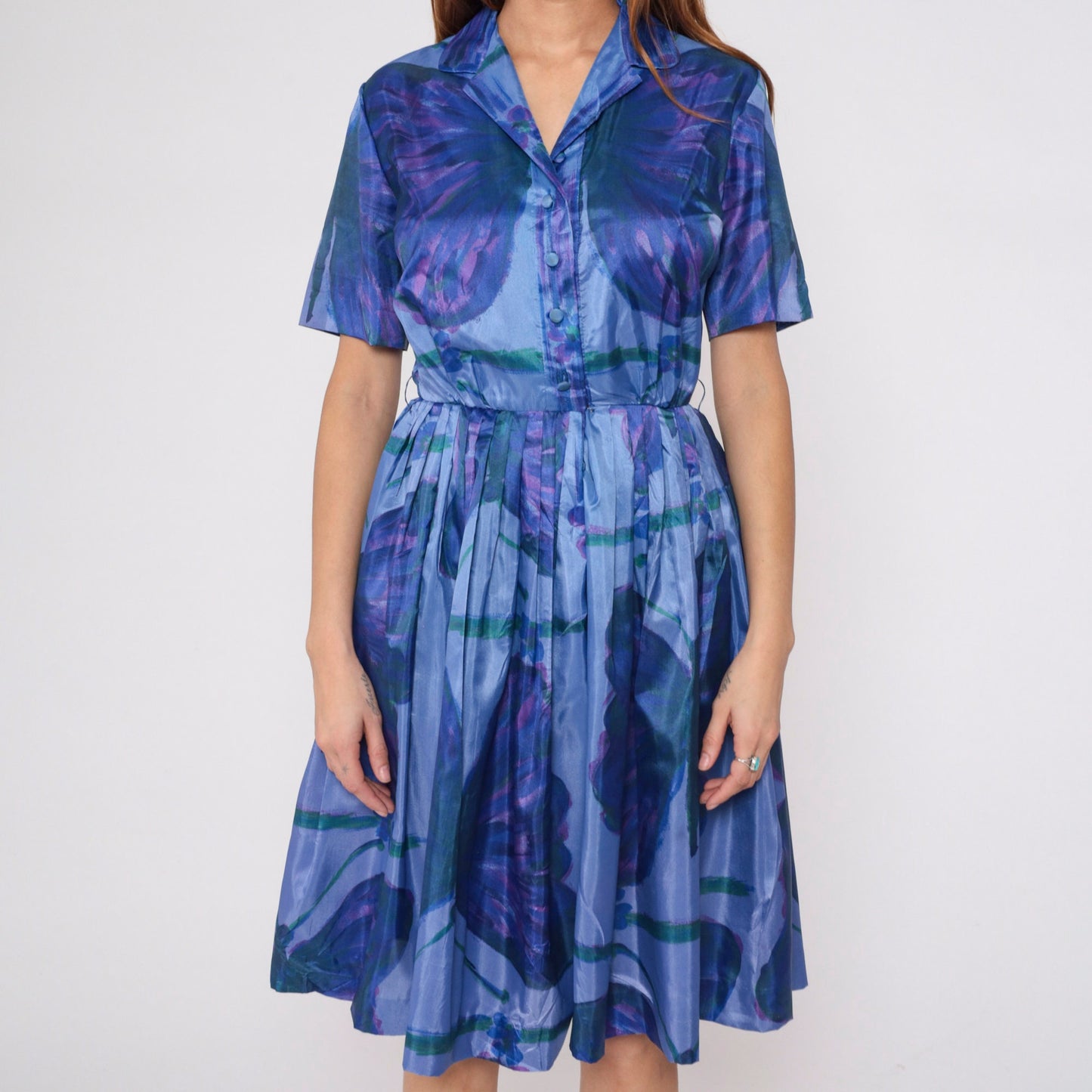 60s Butterfly Print Shirtwaist Dress Purple Blue Knee-Length Small