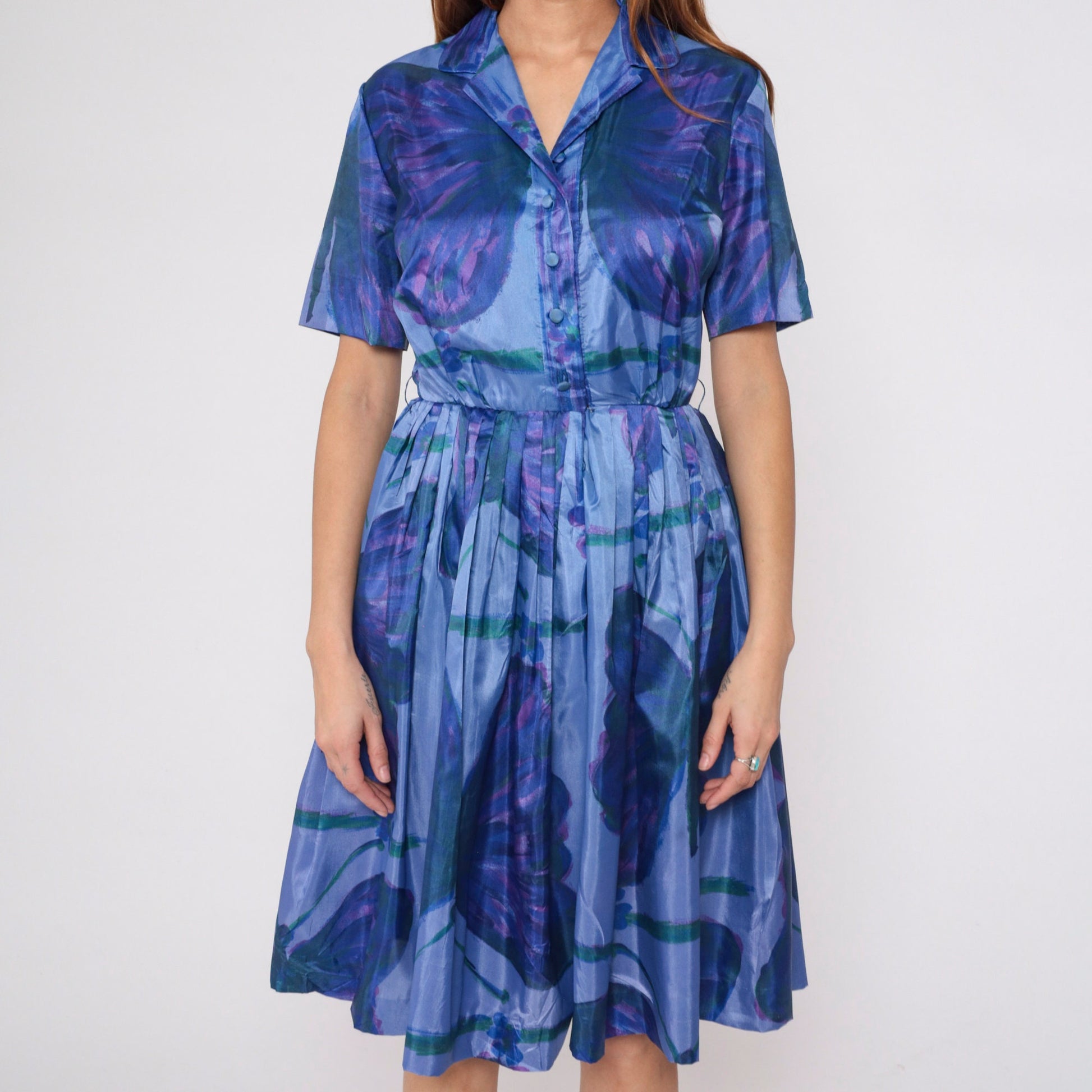 60s Butterfly Print Shirtwaist Dress Purple Blue Knee-Length Small