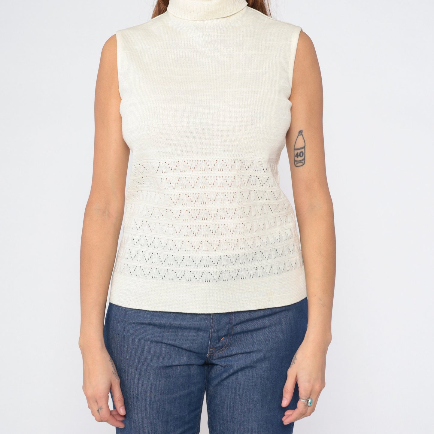 70s Cream Pointelle Knit Tank Top Mock Neck Cutout Sleeveless Small S