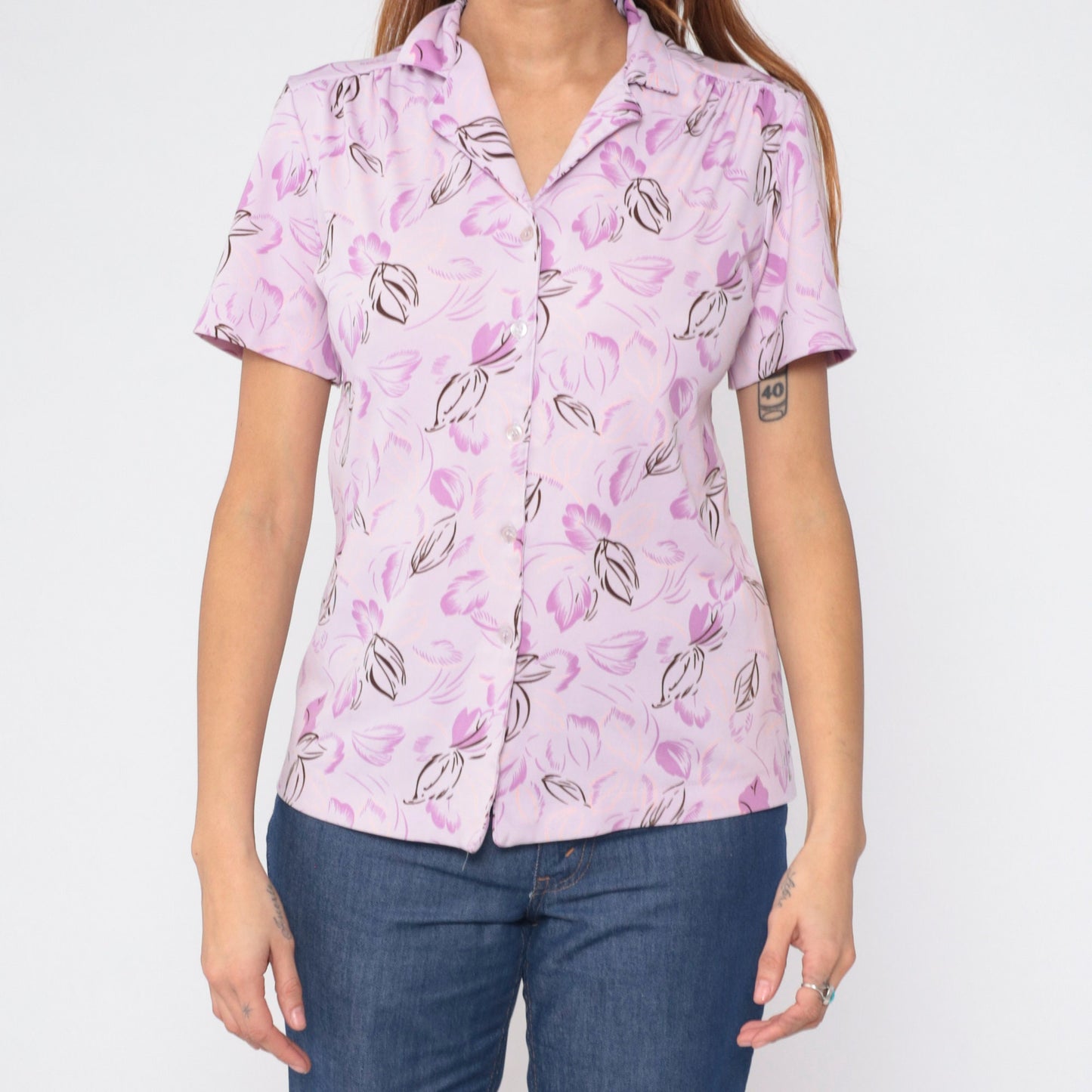 70s Light Purple Floral Button-Up Shirt Lavender Leaf Print Short Sleeve Medium