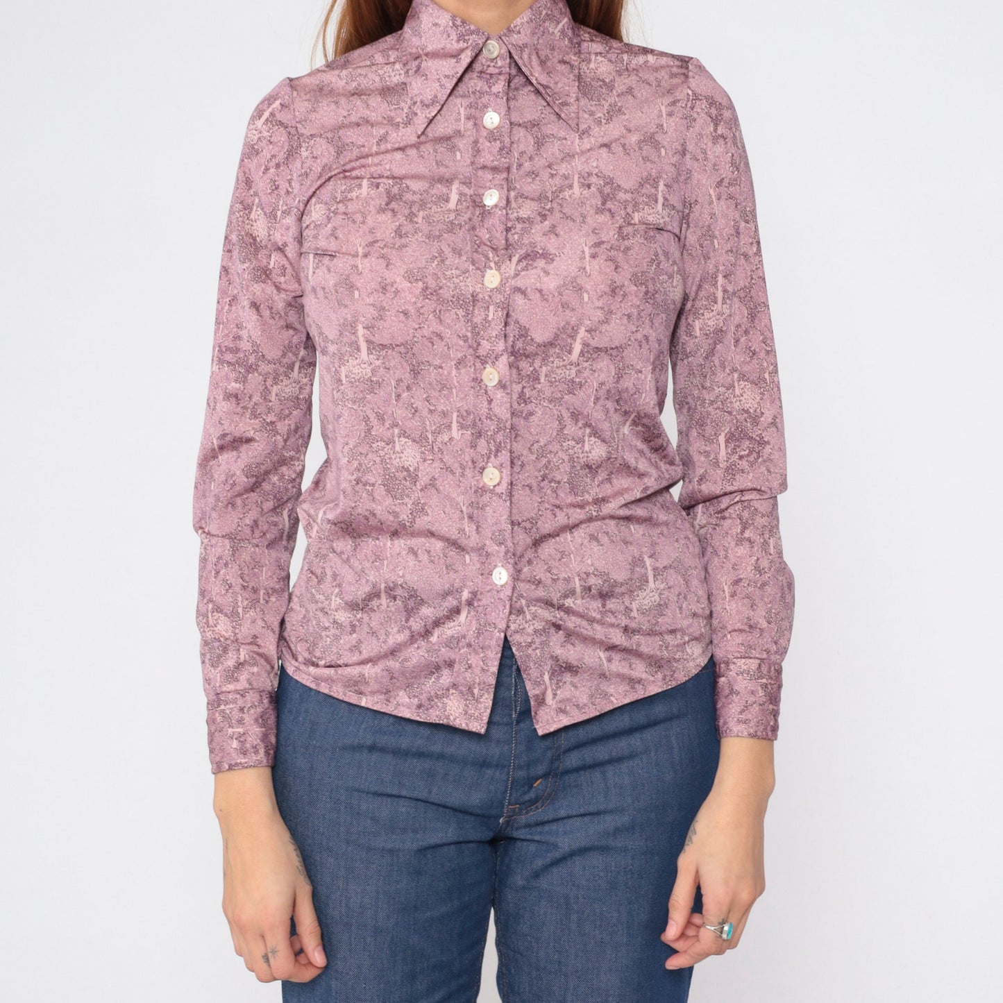 70s Oscar Valentino Tree Print Pink Button-Up Blouse Dagger Collar XS