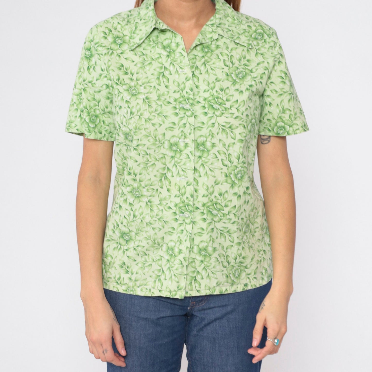 90s Green Floral Button-Up Shirt Short Sleeve Collared Blouse Medium M