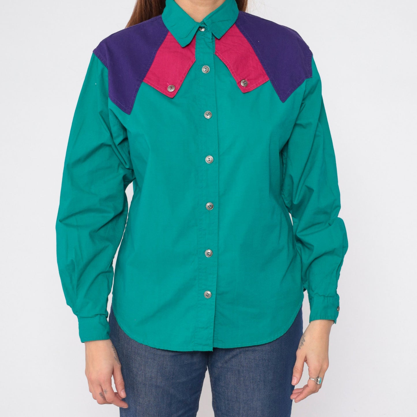 90s Dakota Rodeo Western Blouse Teal Colorblock Yoke Capelet Medium