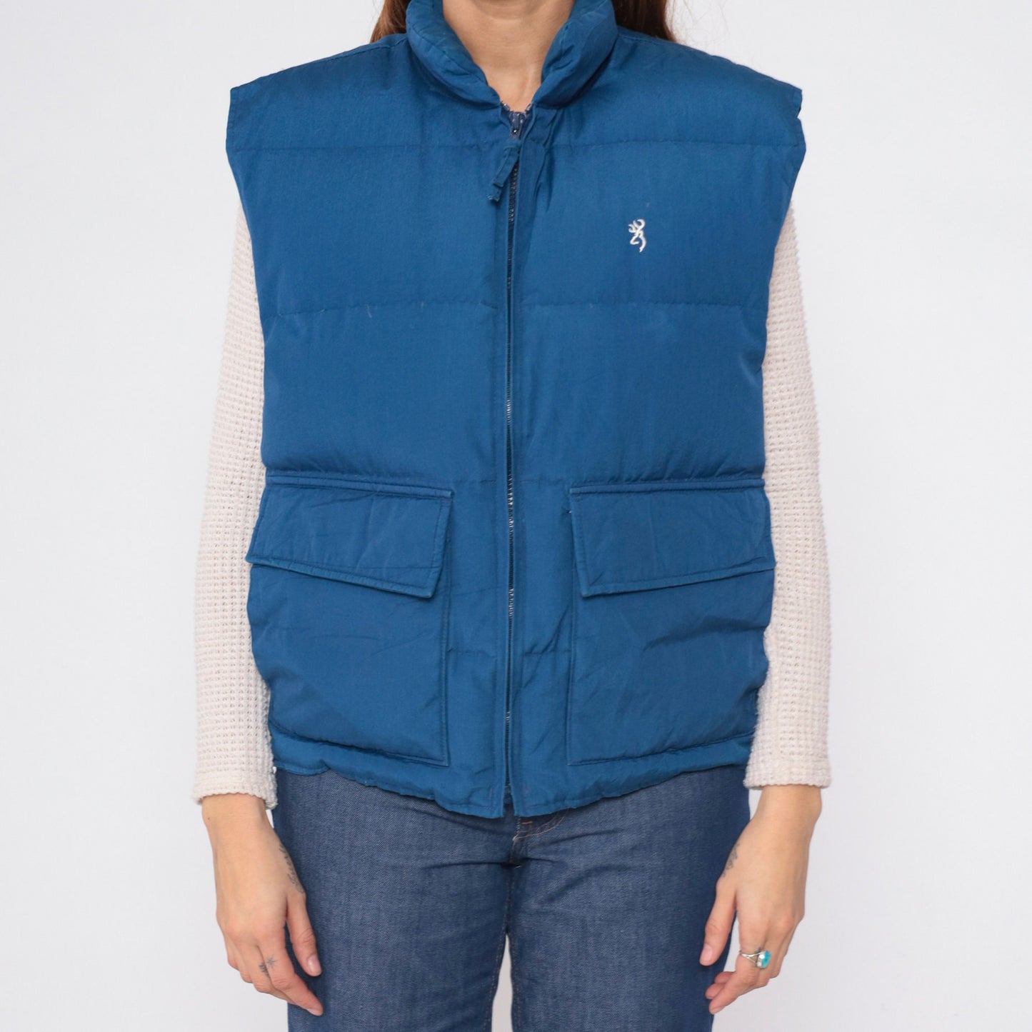80s Browning Navy Puffer Vest Down Fill Zip Sleeveless Medium
