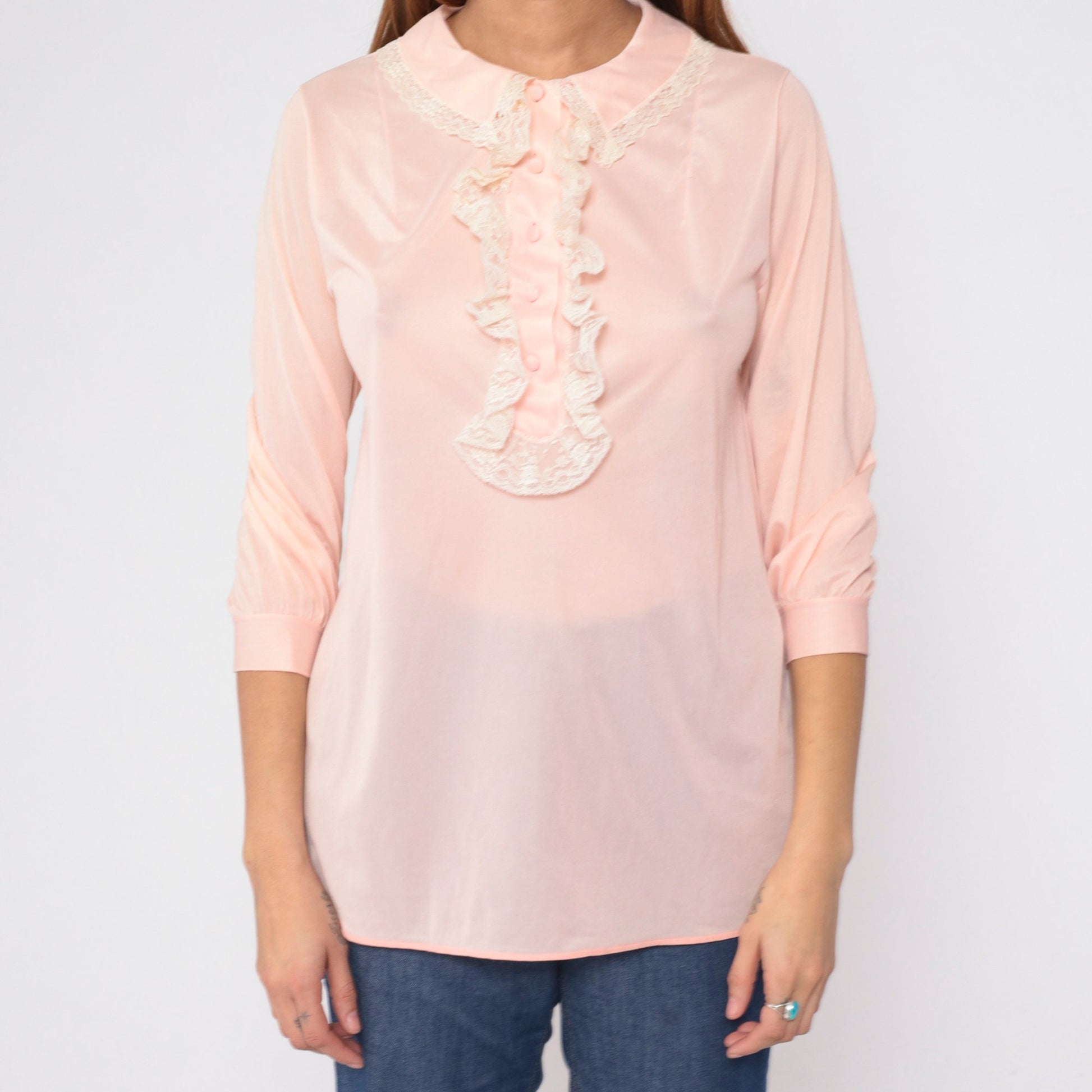 70s Baby Pink Ruffle Blouse Lace Jabot Collar 3/4 Sleeve Longline Small S