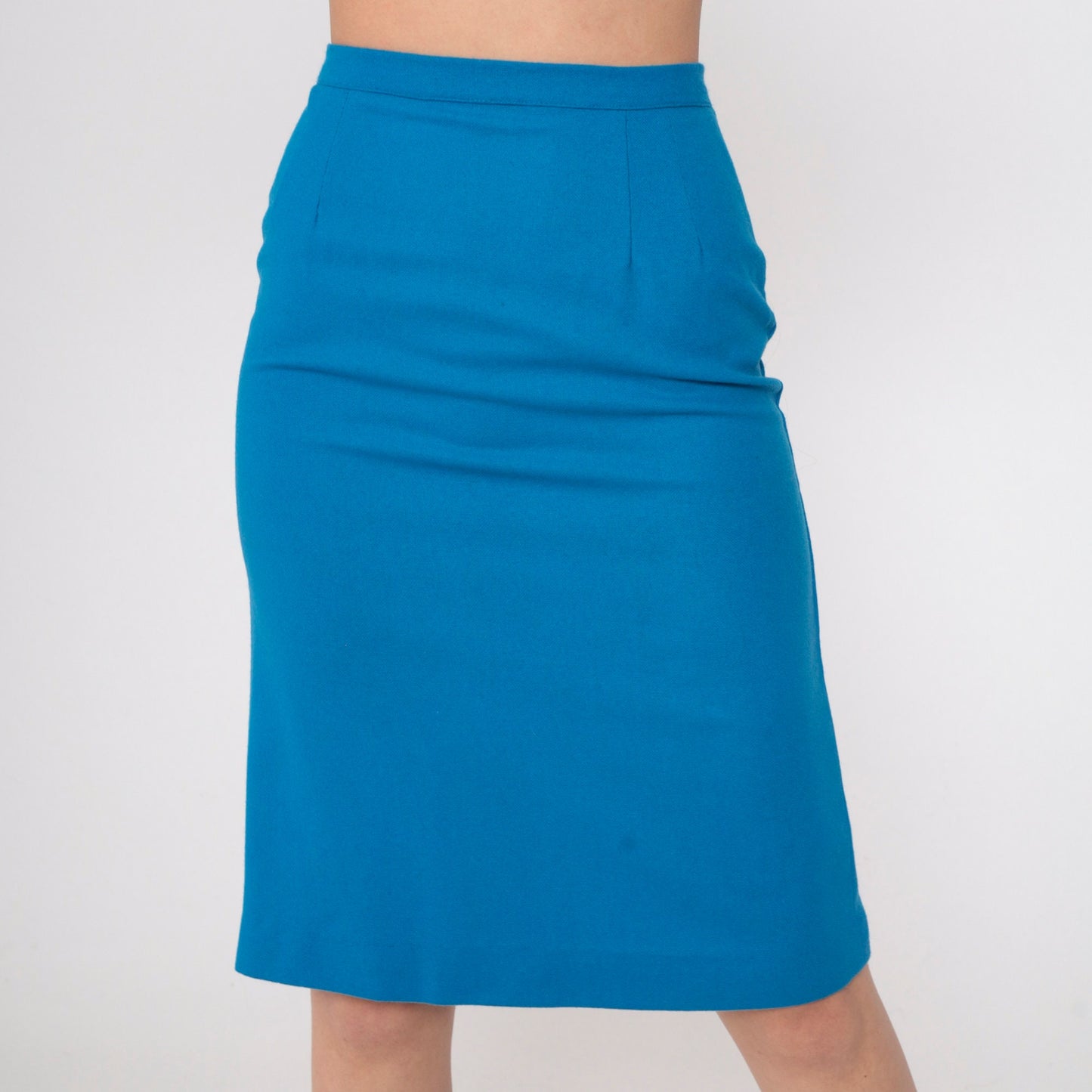 60s Blue Wool Blend Pencil Skirt High Waist Knee Length Extra Small