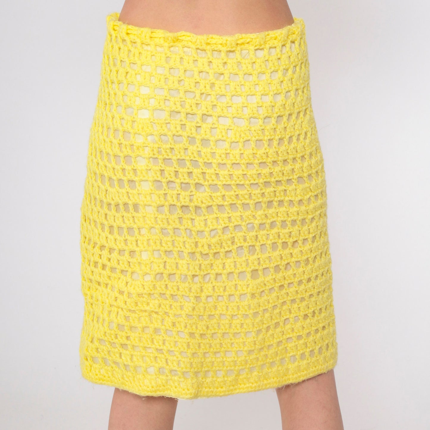 70s Yellow Crochet Midi Skirt High Waisted Open Weave Drawstring Small