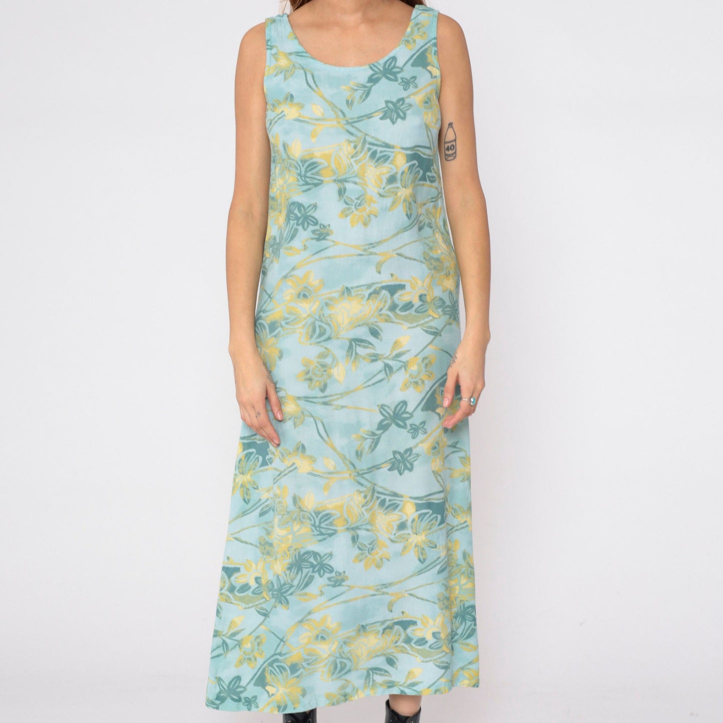 90s Seafoam Floral Rayon Maxi Dress Sleeveless Side Slit Small