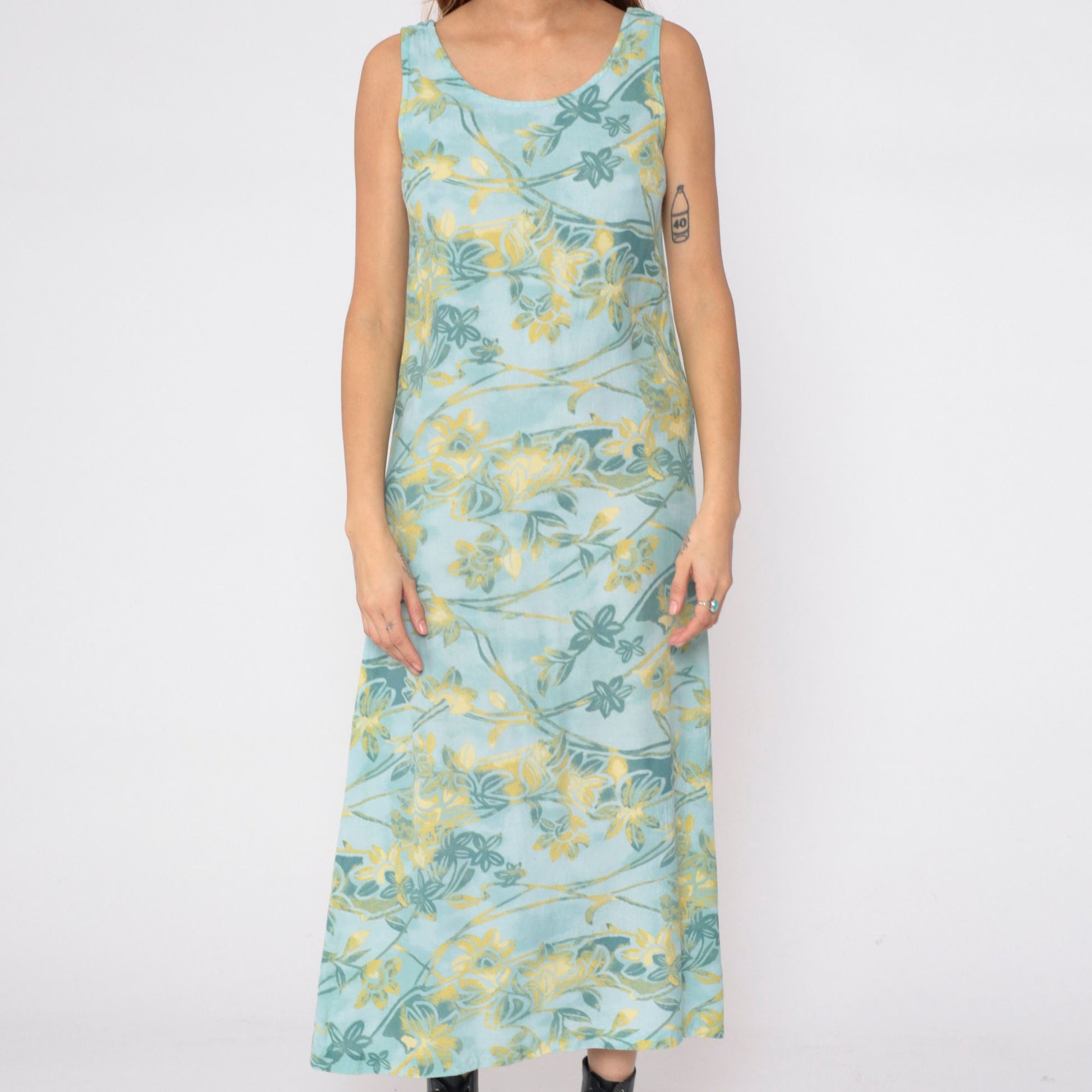 90s Seafoam Floral Rayon Maxi Dress Sleeveless Side Slit Small