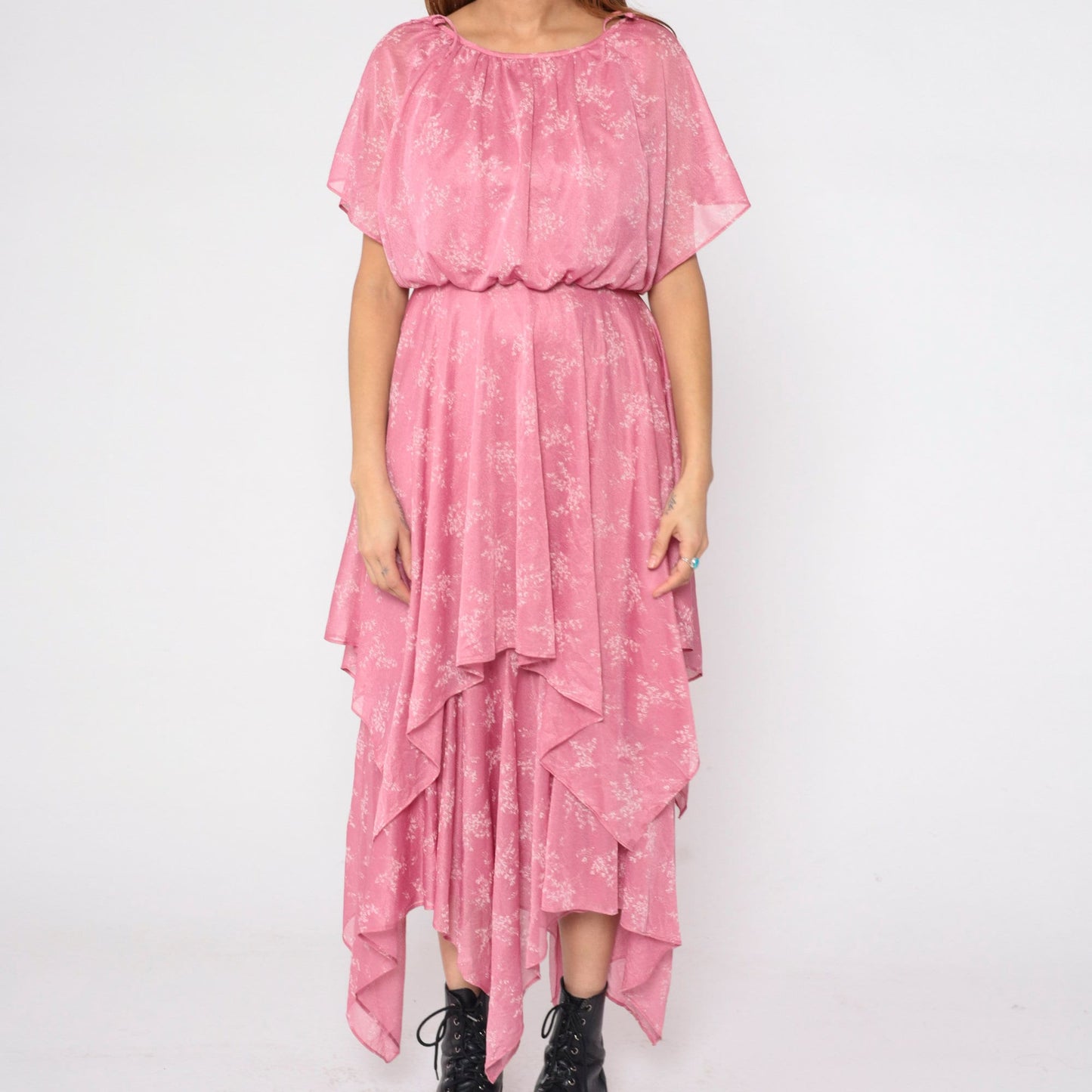 70s Pink Floral Handkerchief Hem Midi Dress Split Sleeve Grecian Small