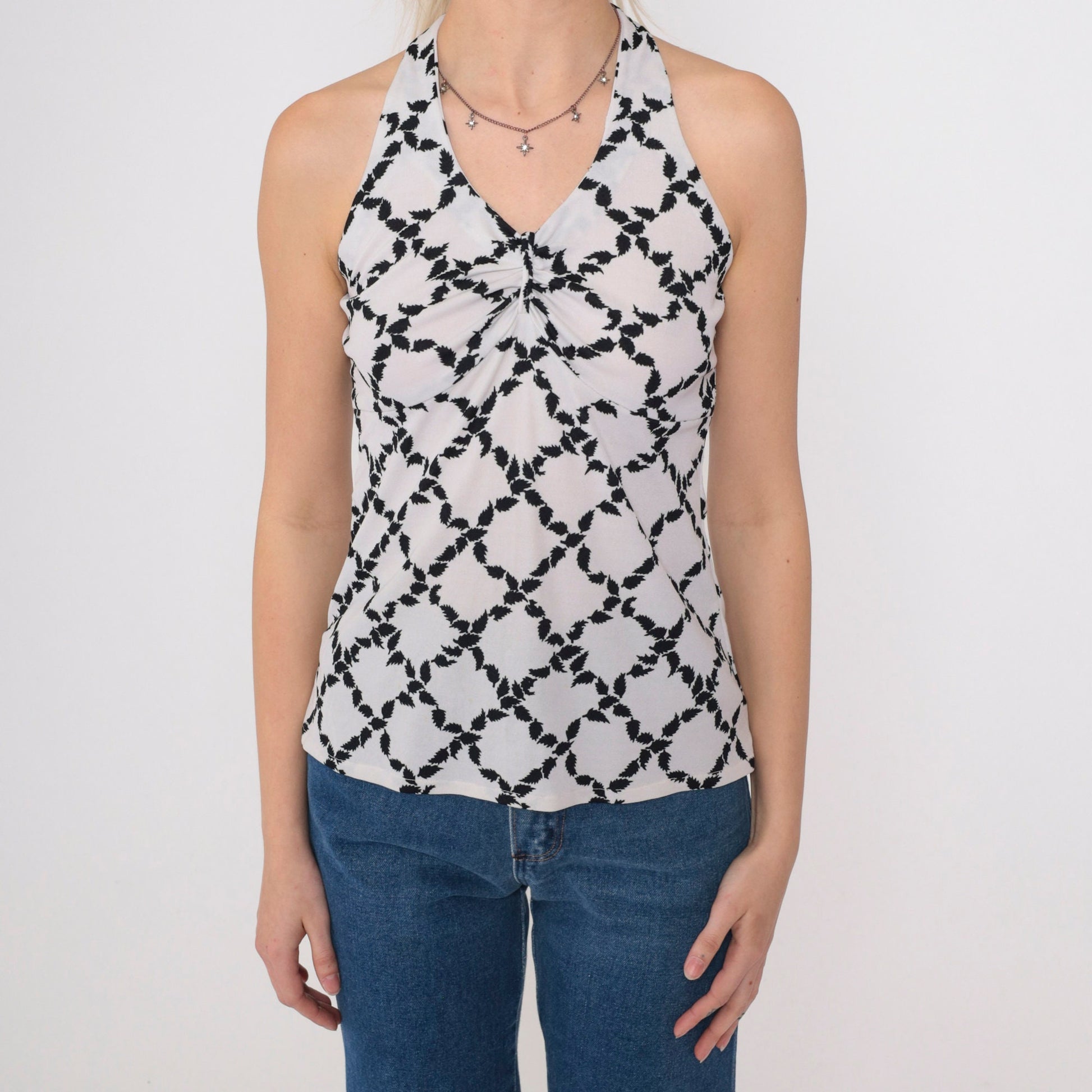 70s Halter Tank Top Black White Leaf Print Racerback Small