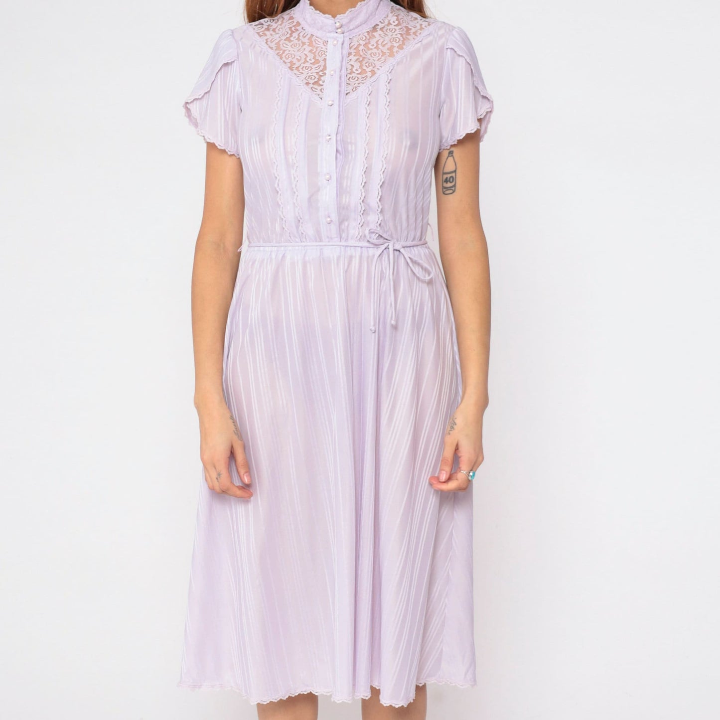 70s Lavender Striped Prairie Dress Lace Yoke Button-Up Tulip Sleeve Small
