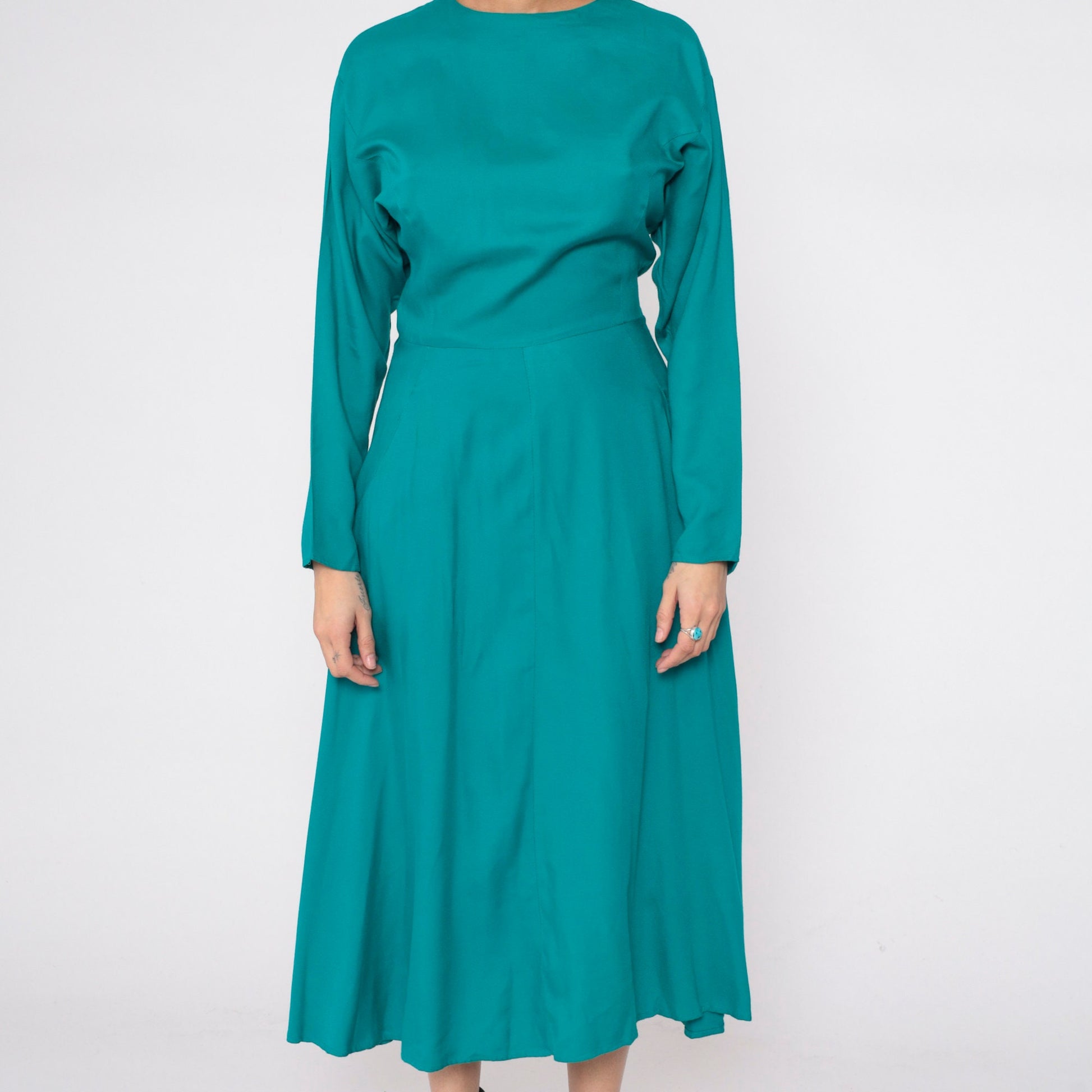 90s Teal Green Rayon Dress Button Back Batwing Sleeve Ankle Length Small