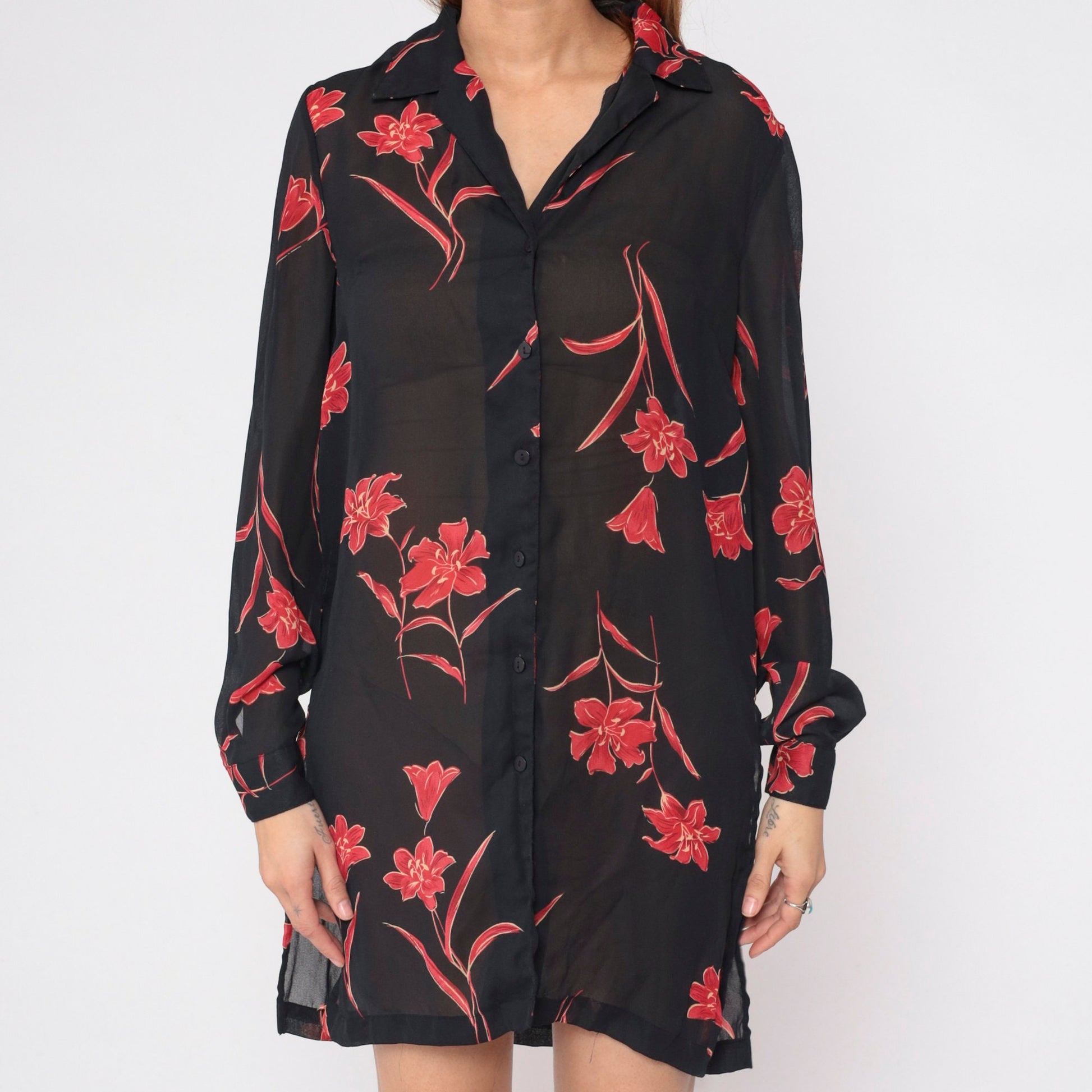 90s Black Floral Button-Up Shirt Red Print Long Sleeve Side Slit Small