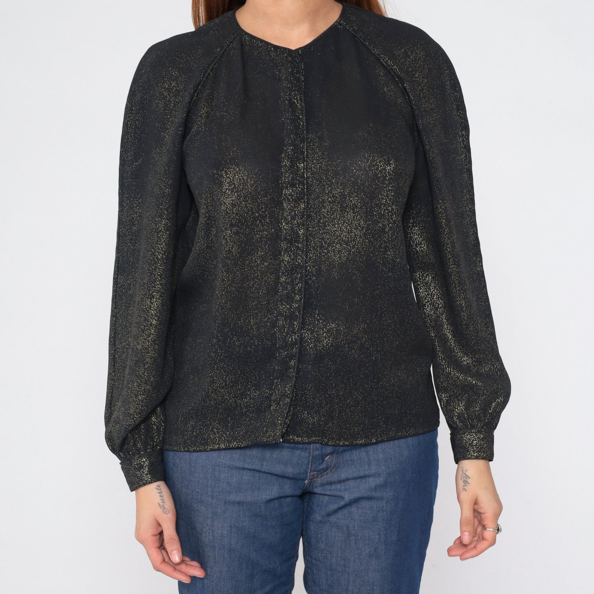 90s Metallic Black Gold Blouse Hidden Button Puff Sleeve Fitted Small S
