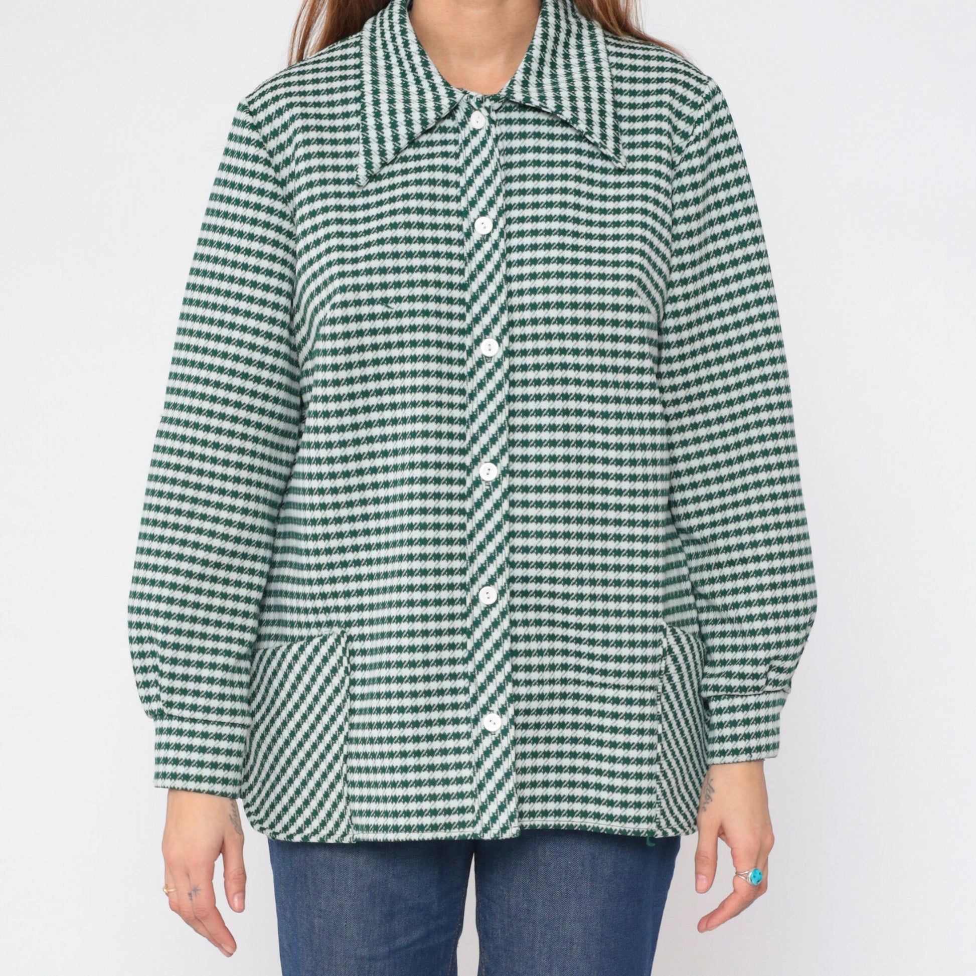 70s Green White Checkered Button-Up Blouse Long Sleeve Collared Shirt Extra Large