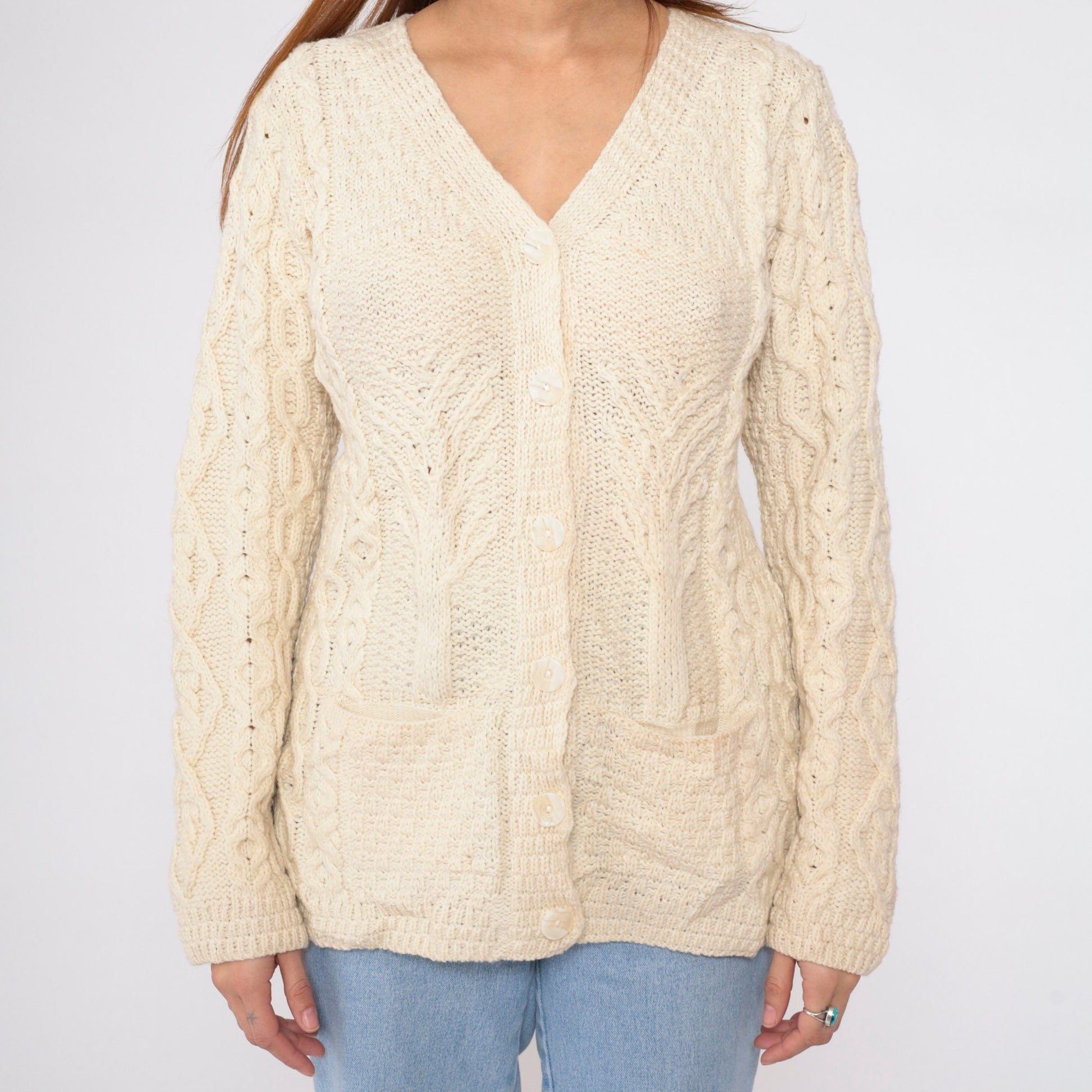 00s Kilronan Merino Wool Cable Knit Cardigan Cream Tree Print Medium M
