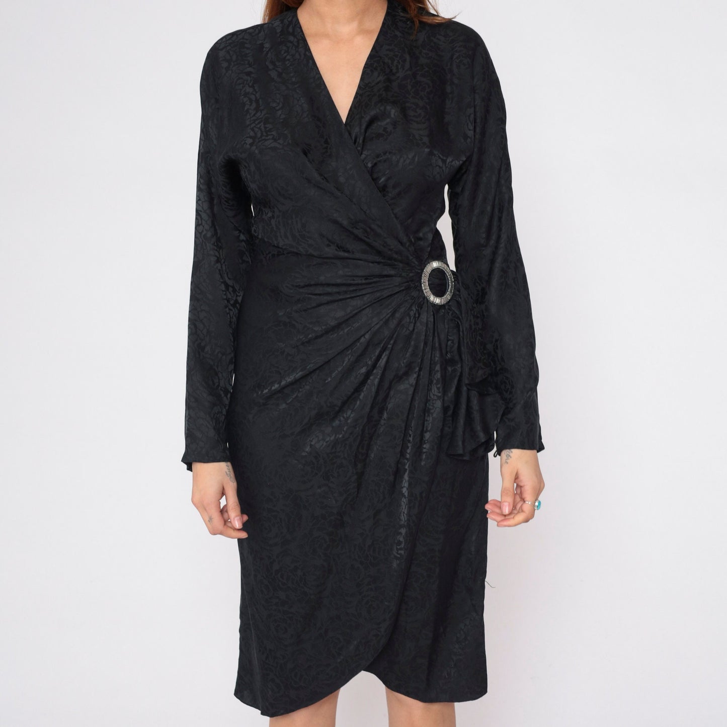80s Argenti Black Silk Floral Jacquard Wrap Dress Midi Dolman Sleeve Medium 8