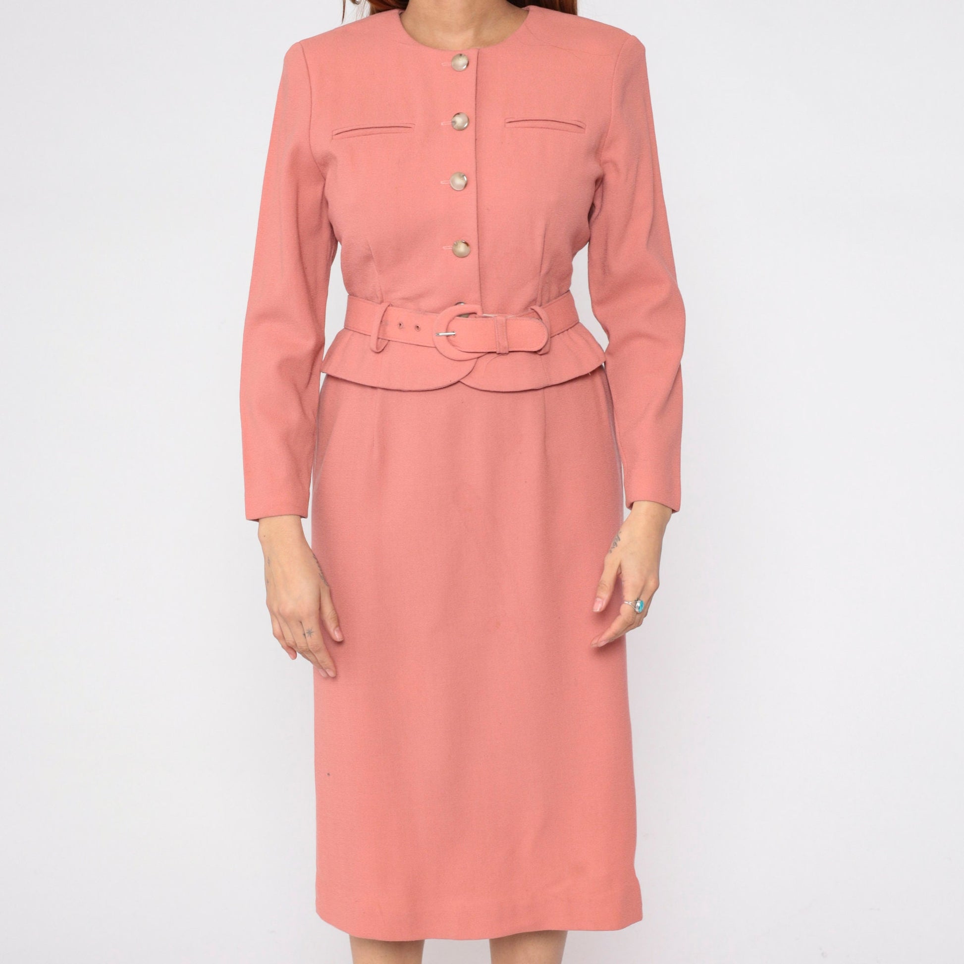 80s Talbots Salmon Pink Secretary Dress Midi Attached Jacket Small