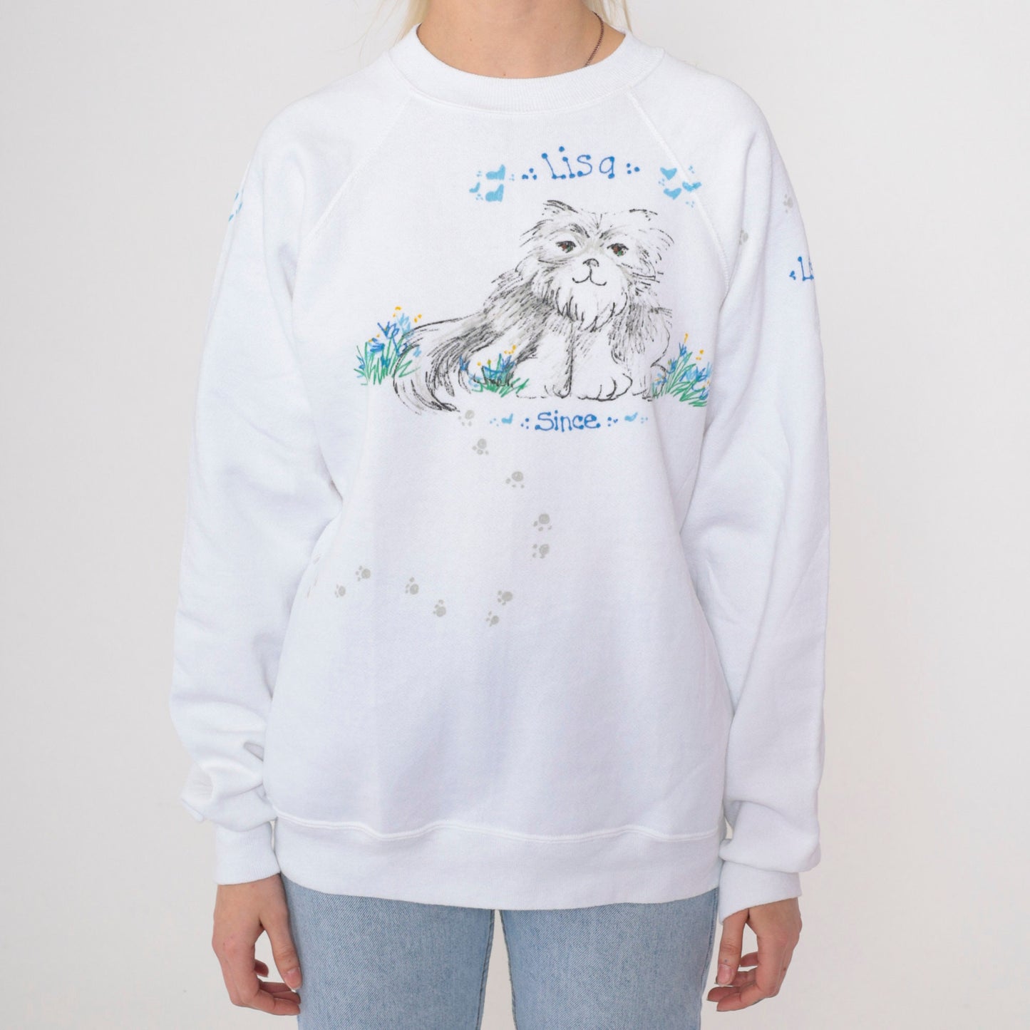 90s Hand Painted Cat Sweatshirt Lisa White Raglan Crewneck Medium