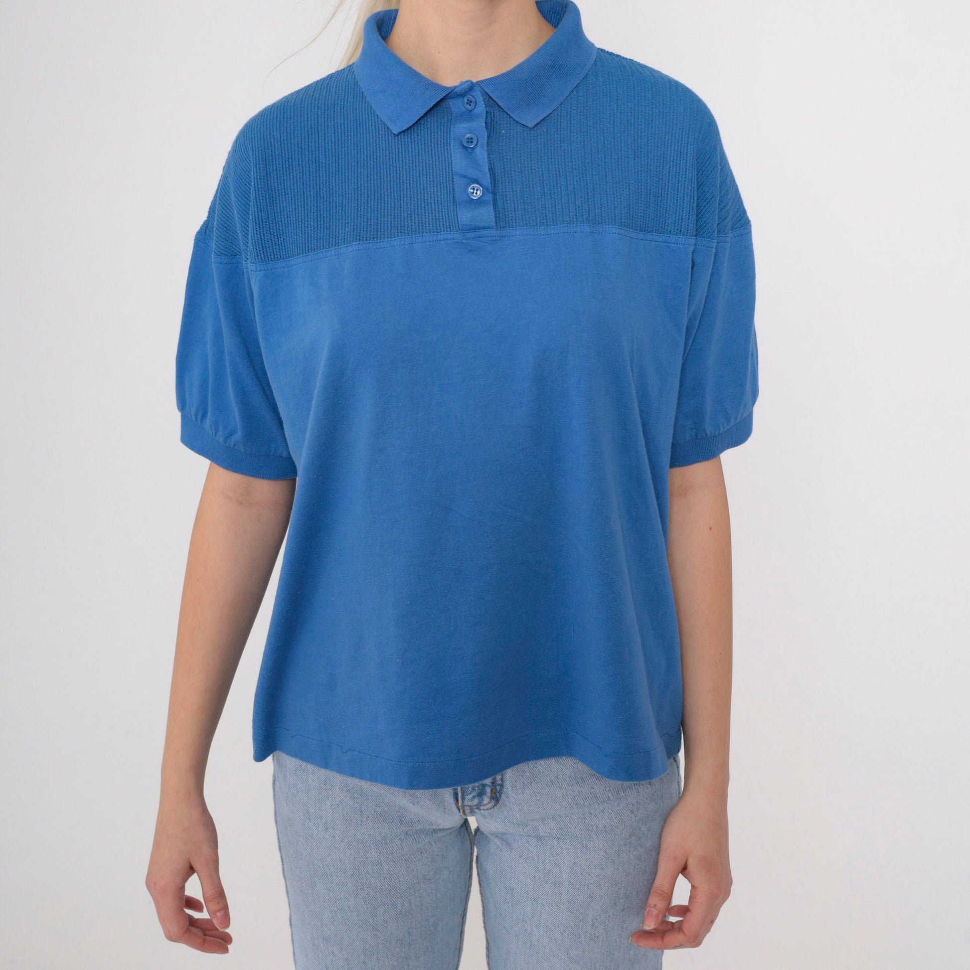 90s Blue Polo Shirt Cotton Blend Collared Short Sleeve Large