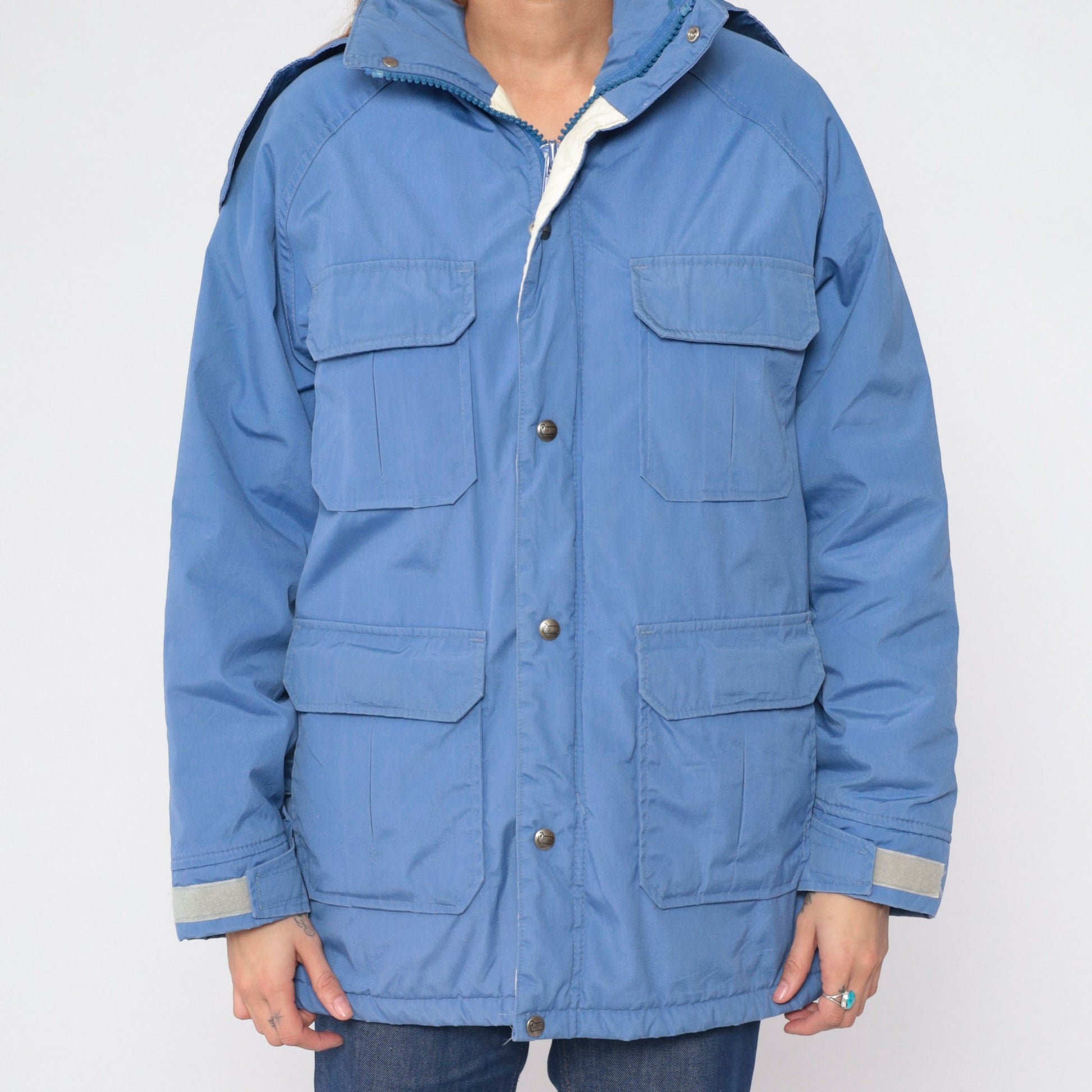 90s Woolrich Blue Hooded Windbreaker Jacket Cargo Pockets Large L