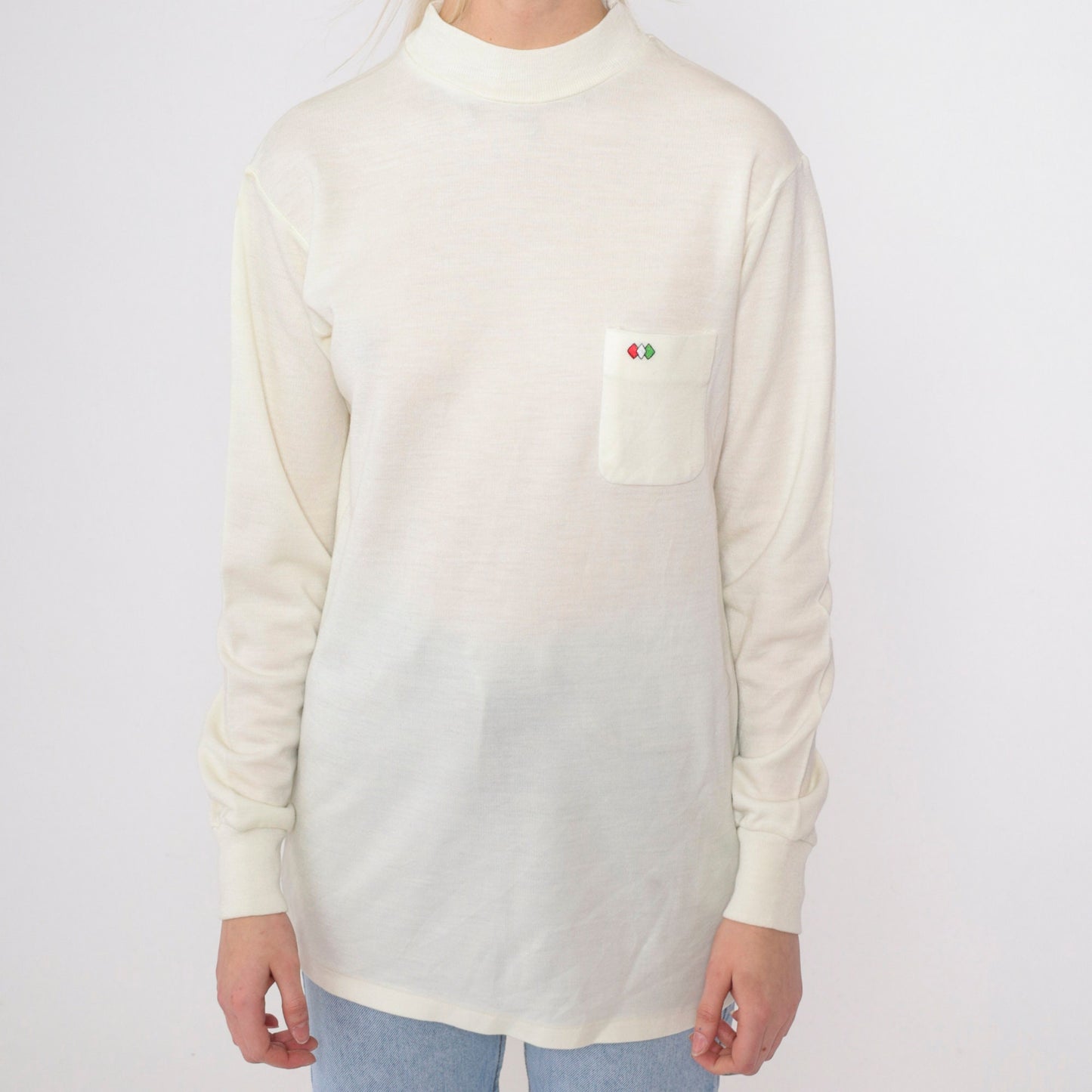 80s Mock Neck Shirt Cream Diamond Pocket Long Sleeve Top Small
