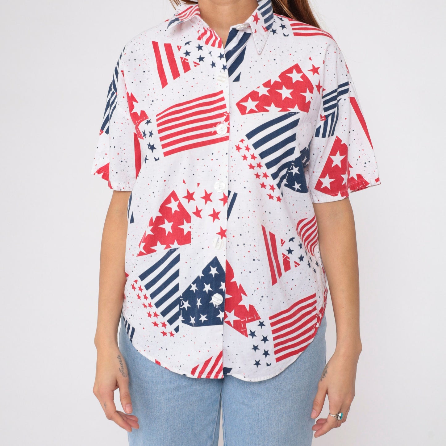 90s Stars and Stripes Button-Up Blouse Red White Blue American Flag Large L