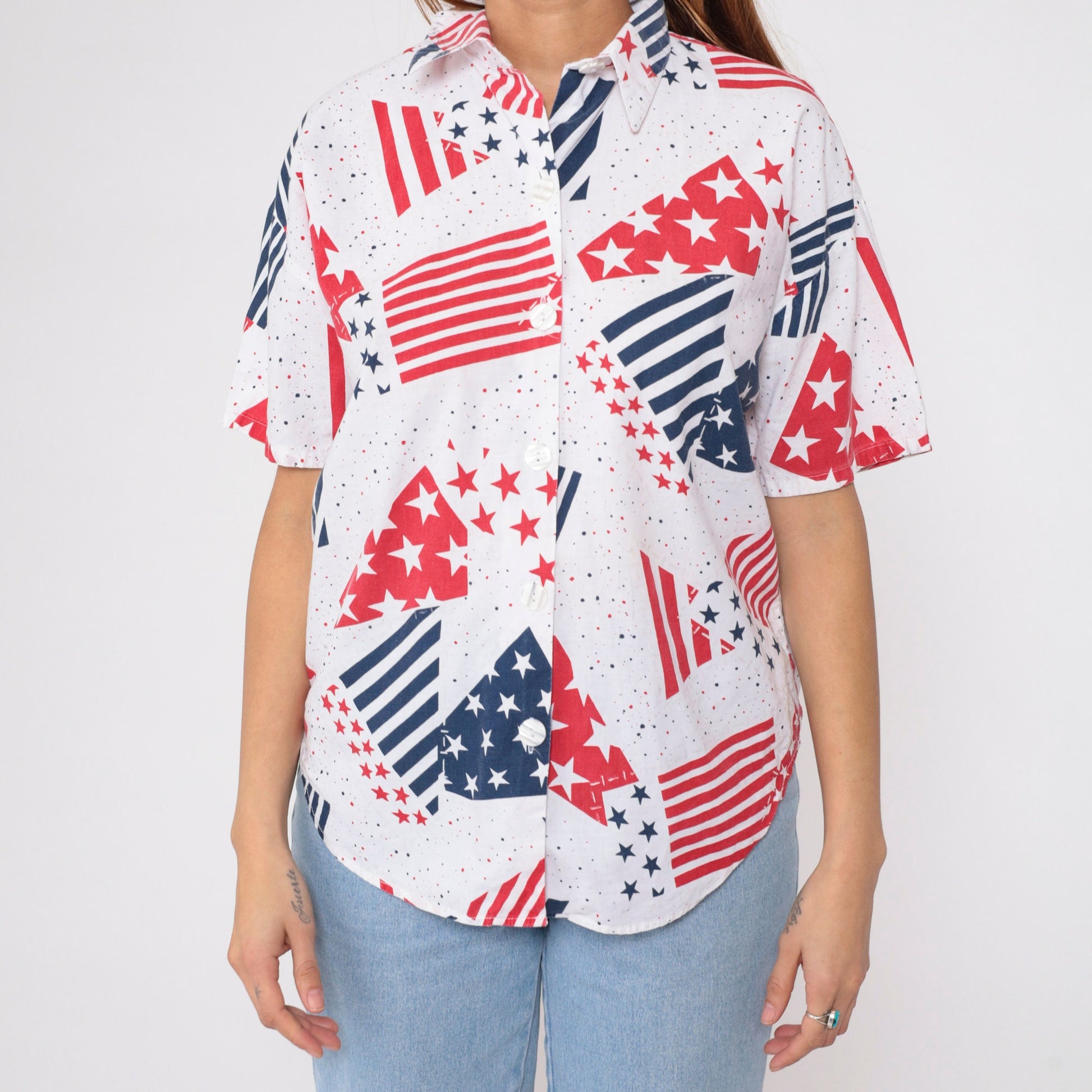 90s Stars and Stripes Button-Up Blouse Red White Blue American Flag Large L