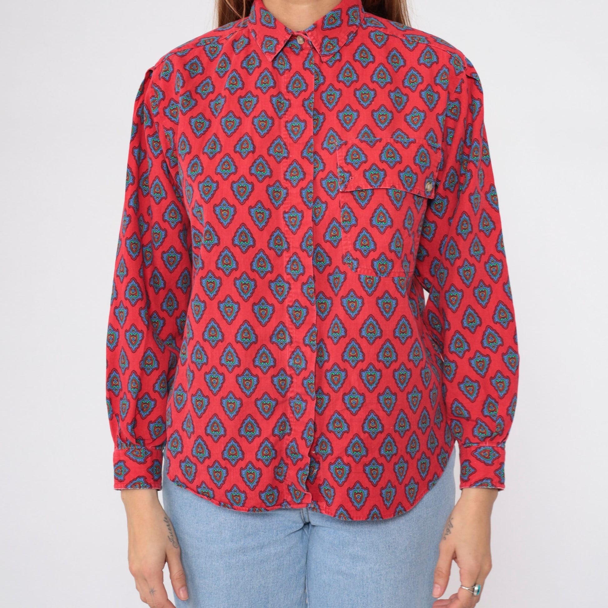 90s Heart Print Button-Up Blouse Red Floral Cotton Long Sleeve Medium M