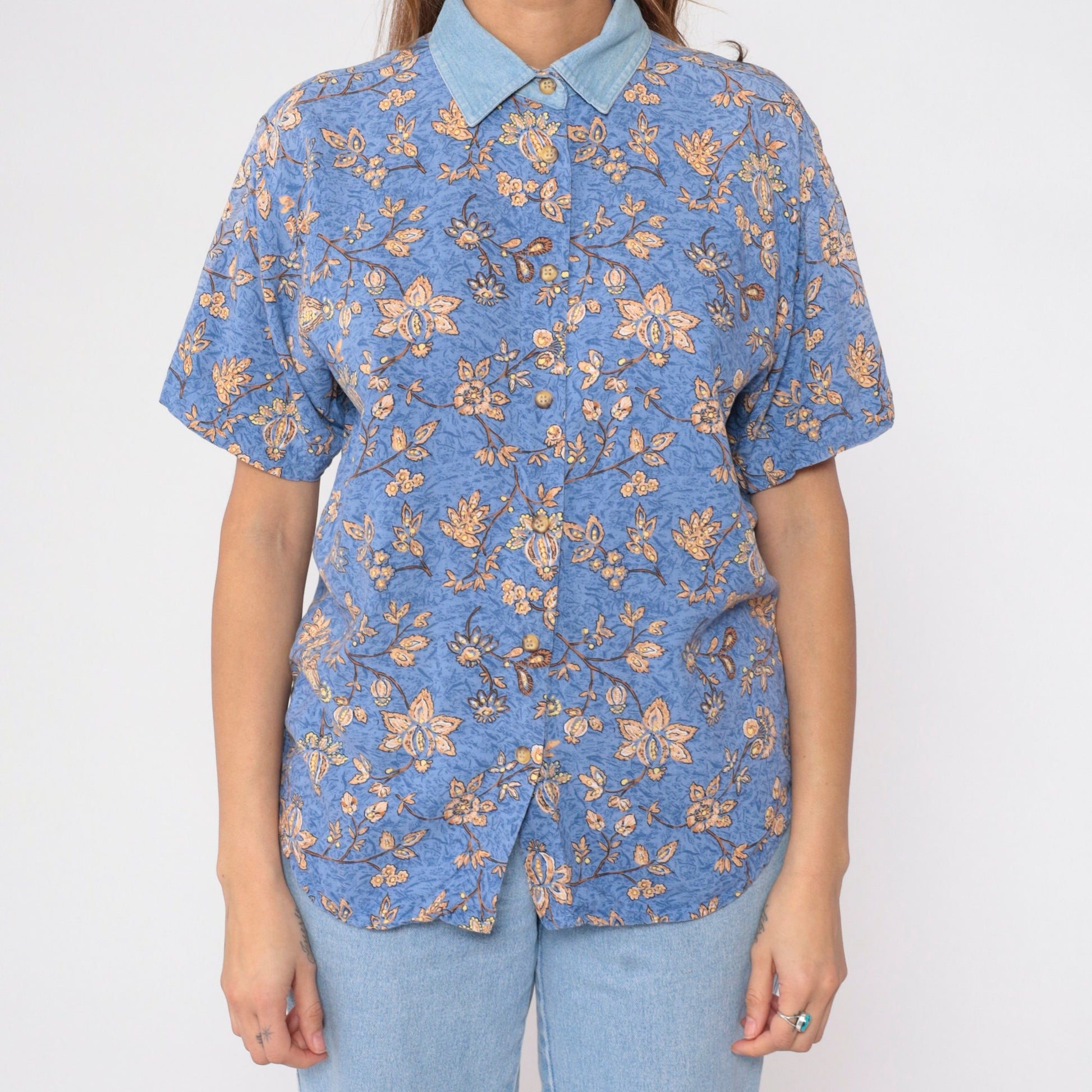 90s Blue Floral Button-Up Blouse Denim Collar Short Sleeve Small S