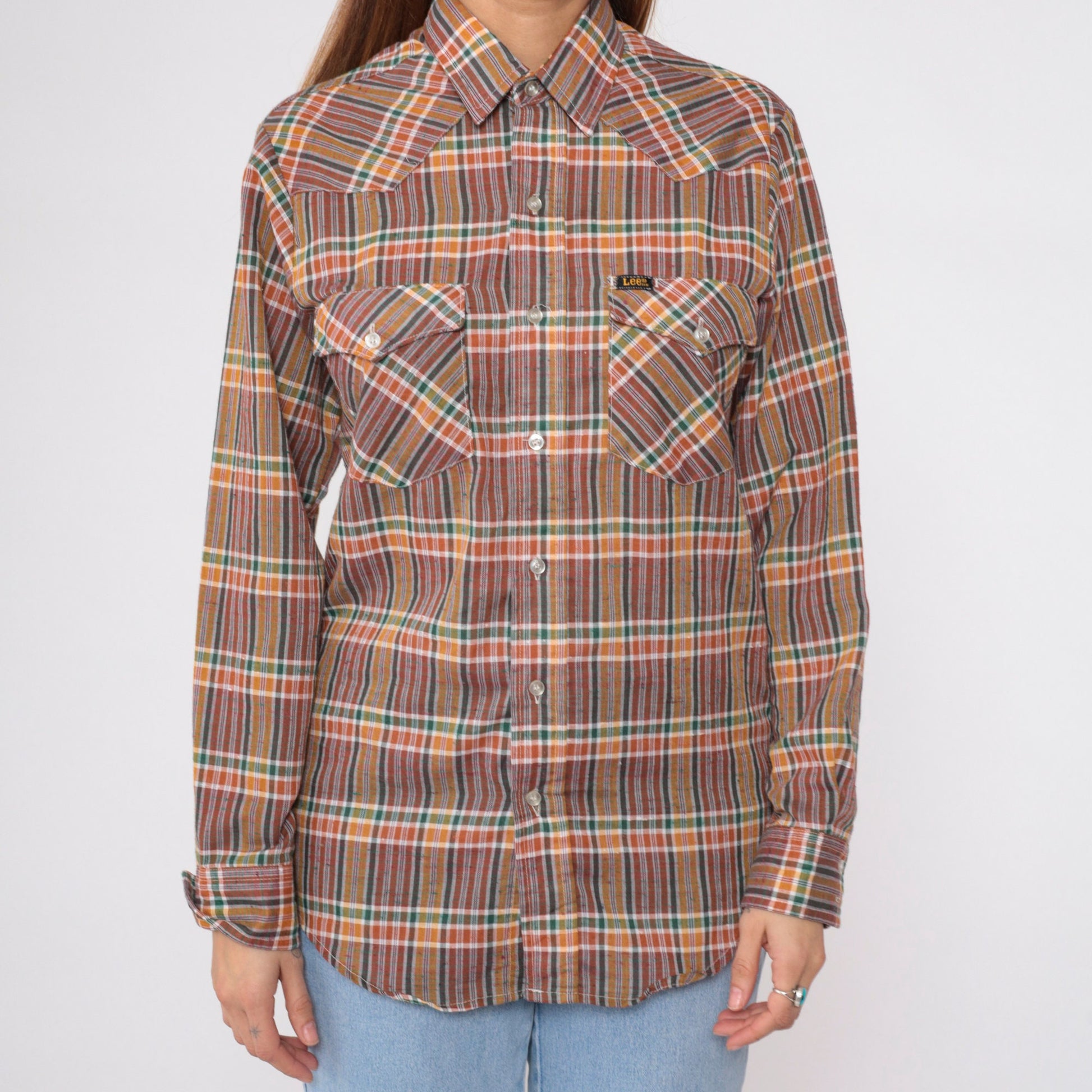90s Lee Plaid Western Button-Up Shirt Long Sleeve Checkered Yoke Medium M
