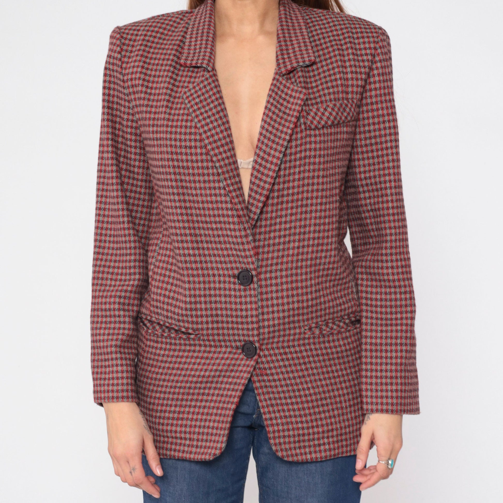 90s Rampage Plaid Blazer Red Grey Checkered Wool Blend Small