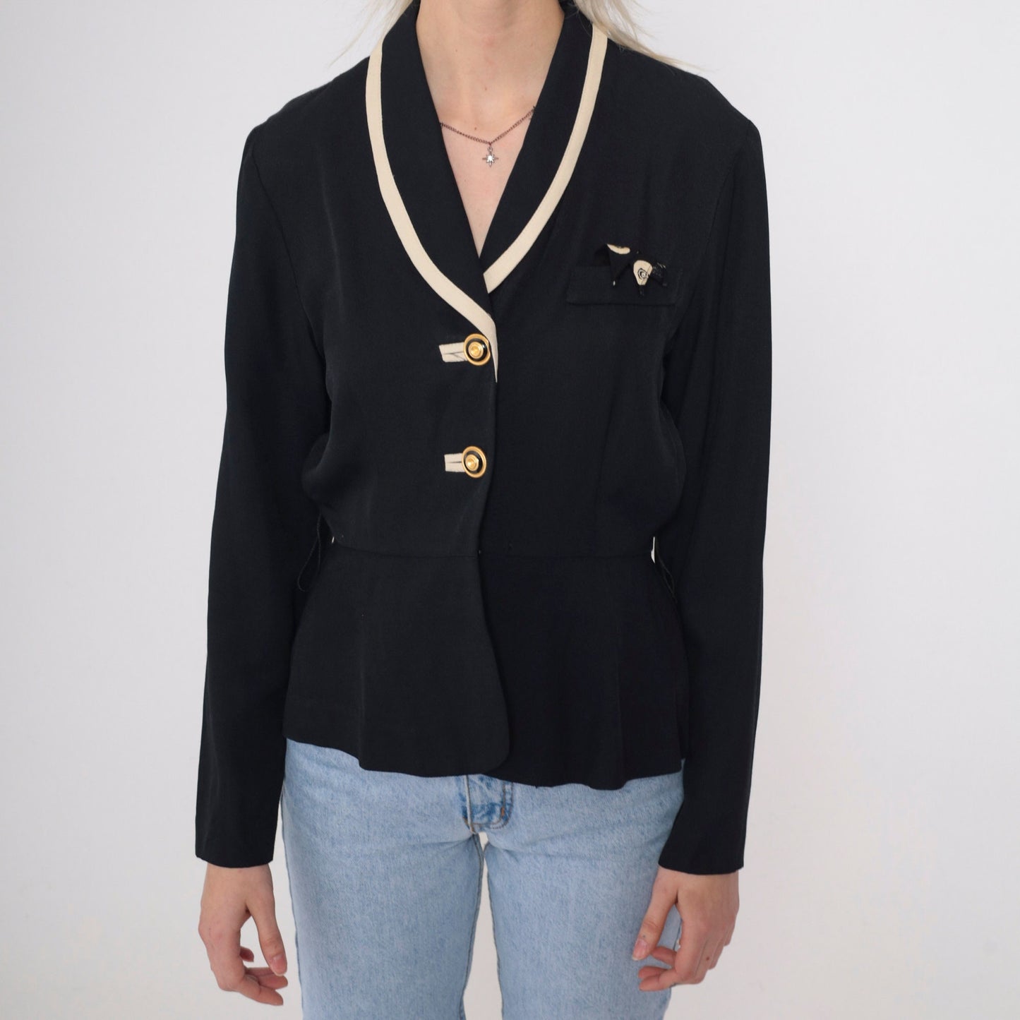 90s Black Blazer with Cream Trim Peplum Jacket Gold Buttons Small