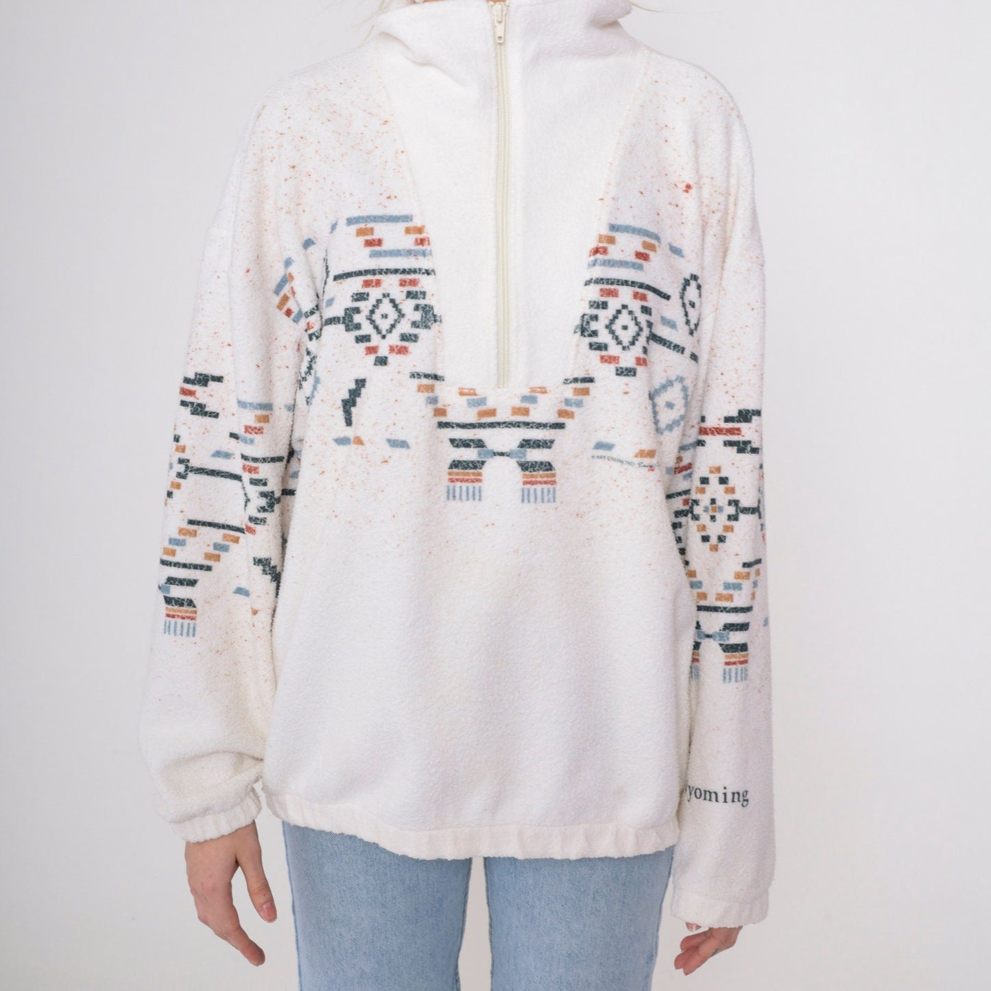 90s Art Unlimited Wyoming Southwestern Fleece Sweatshirt White Quarter Zip Large