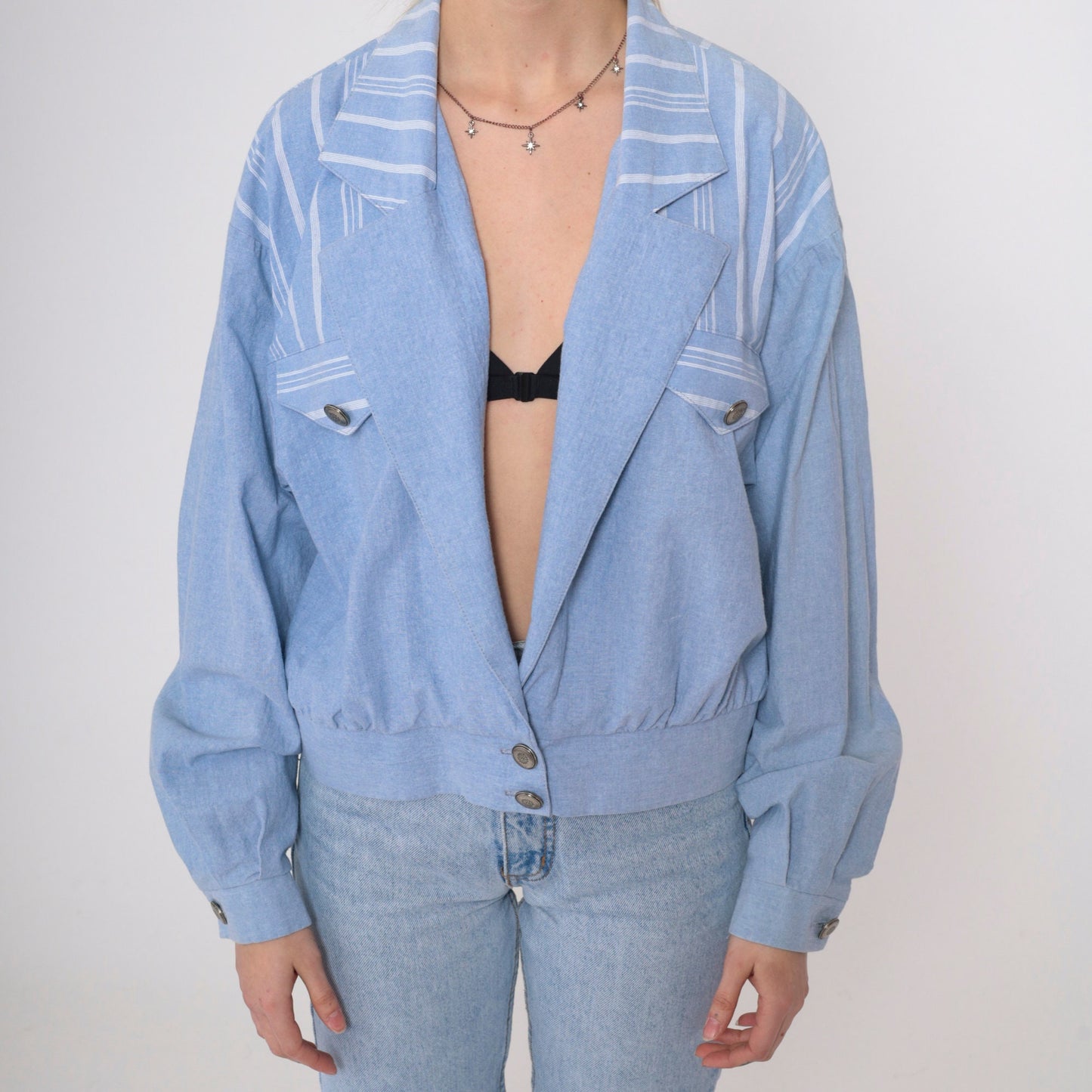 90s Ali Miles Chambray Blazer Blue Striped Deep V Neck Button Jacket Large