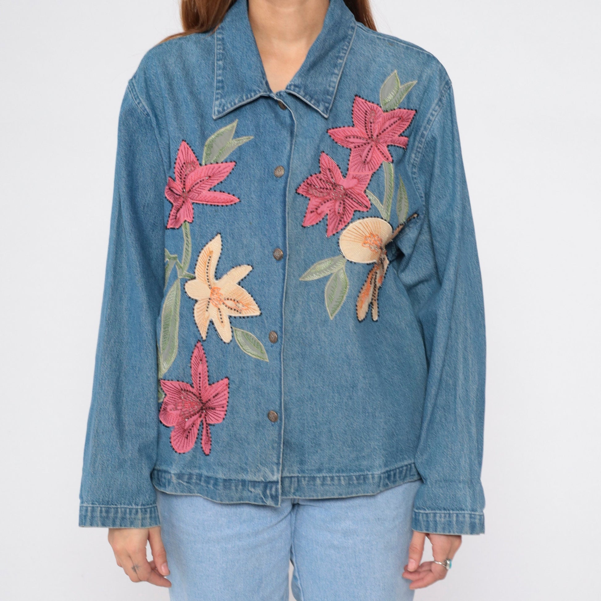 90s Tantrums Denim Jacket Floral Embroidered Beaded Blue Large