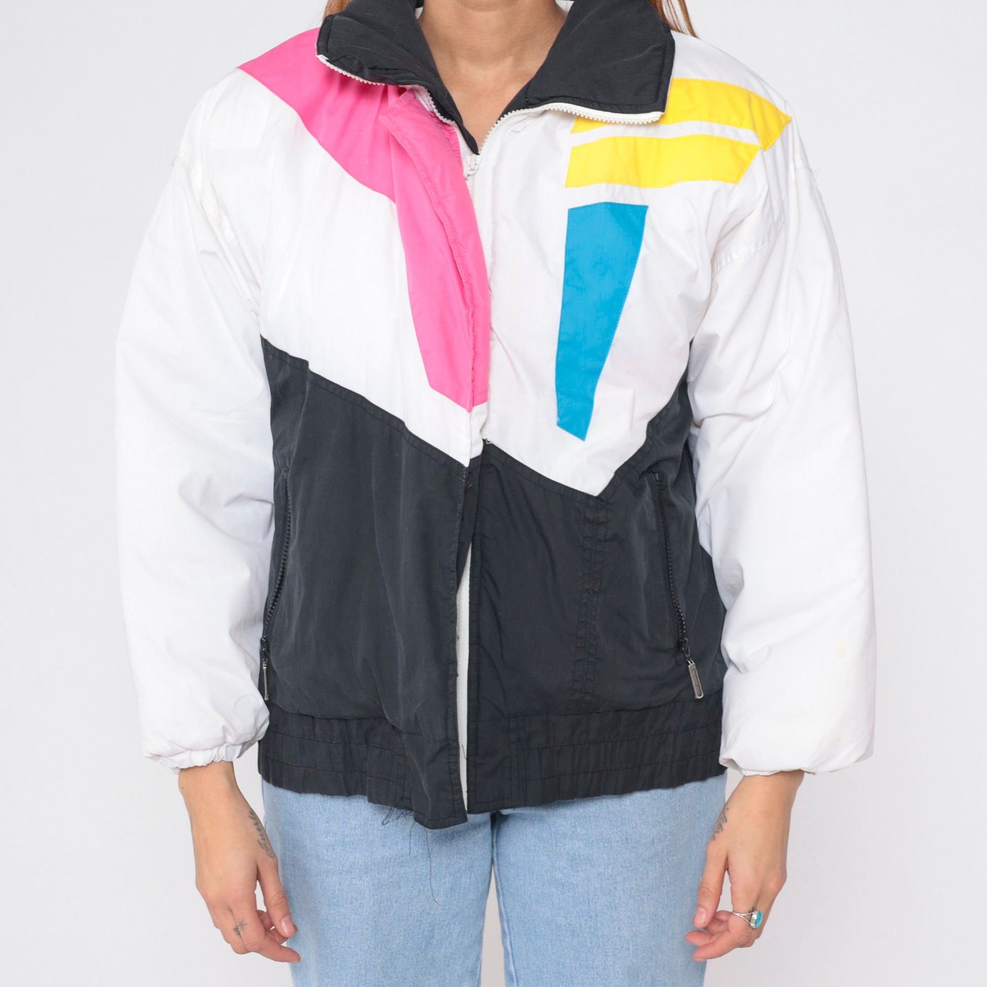 80s Geometric Colour Block Puffer Ski Jacket Black White Blue Pink Yellow Medium