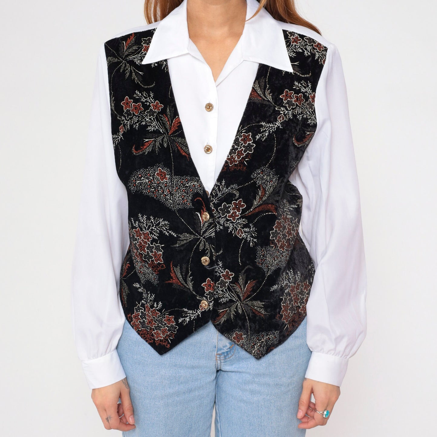 90s Joanna White Button-Up Blouse Black Floral Attached Vest Long Sleeve Large L
