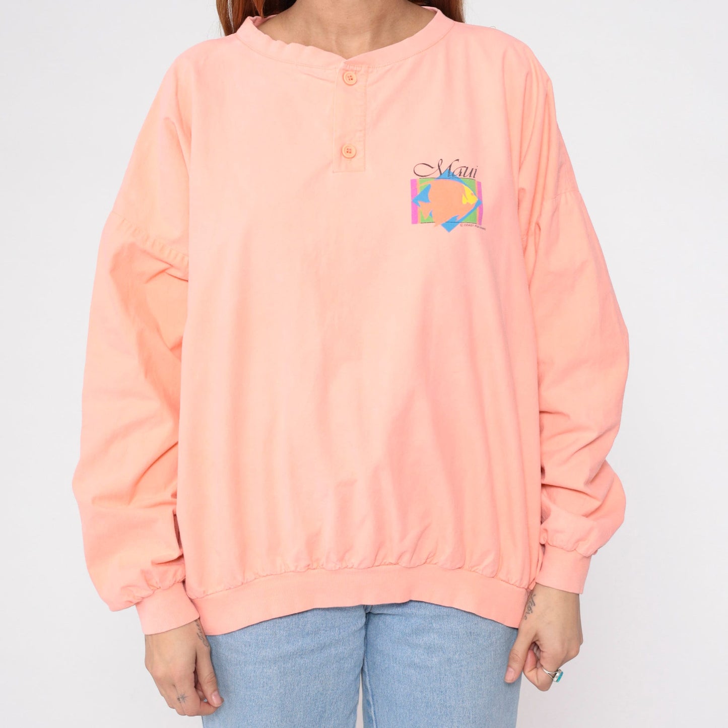 90s Crazy Shirts Maui Tropical Fish Henley Sweatshirt Peach Pink Extra Large XXL
