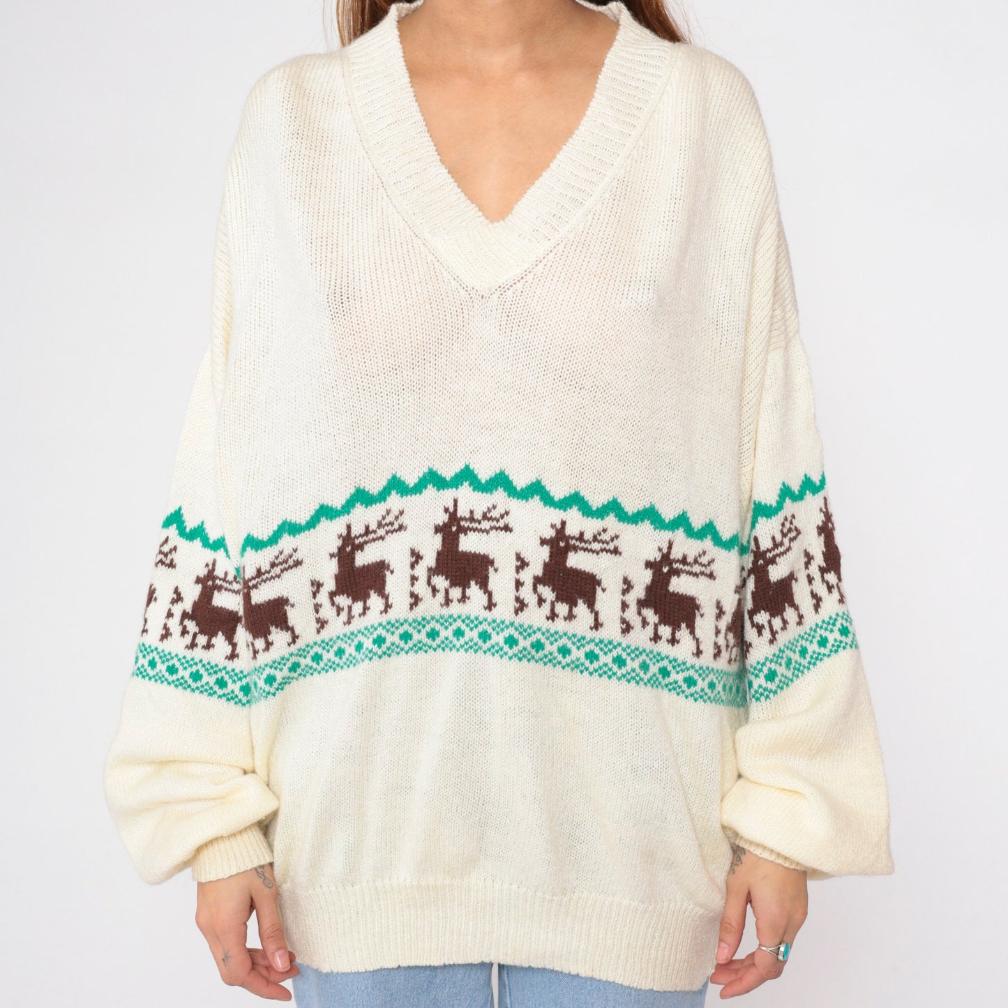 70s Elk Print Cream Knit V-Neck Sweater Striped Animal Pullover Large
