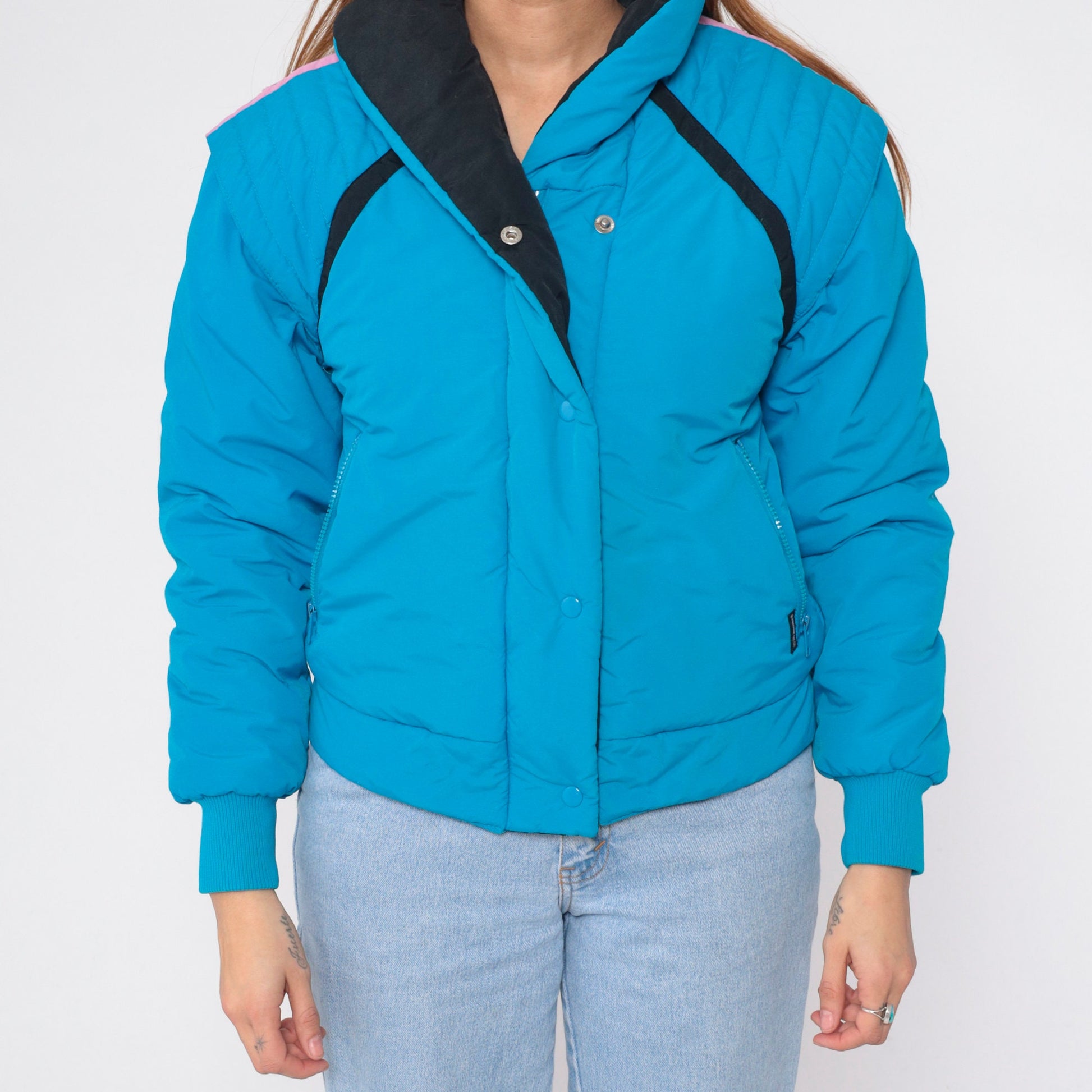 80s Bright Blue Puffer Ski Jacket Convertible Zip-Off Sleeves Vest Extra Small