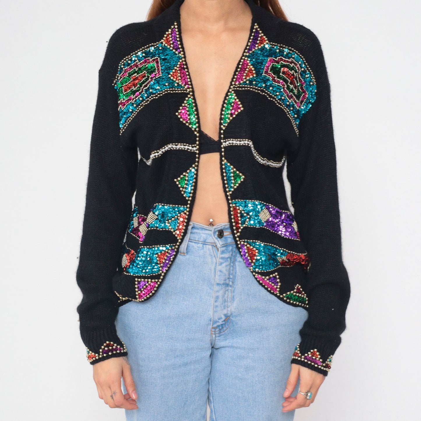 90s Cristina Black Silk Angora Cardigan Sequin Beaded Geometric Small S