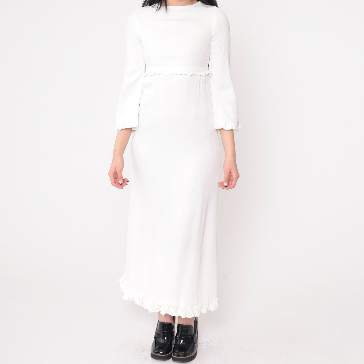 70s White Maxi Dress Empire Waist Bell Sleeve Ruffled Youth 10-12