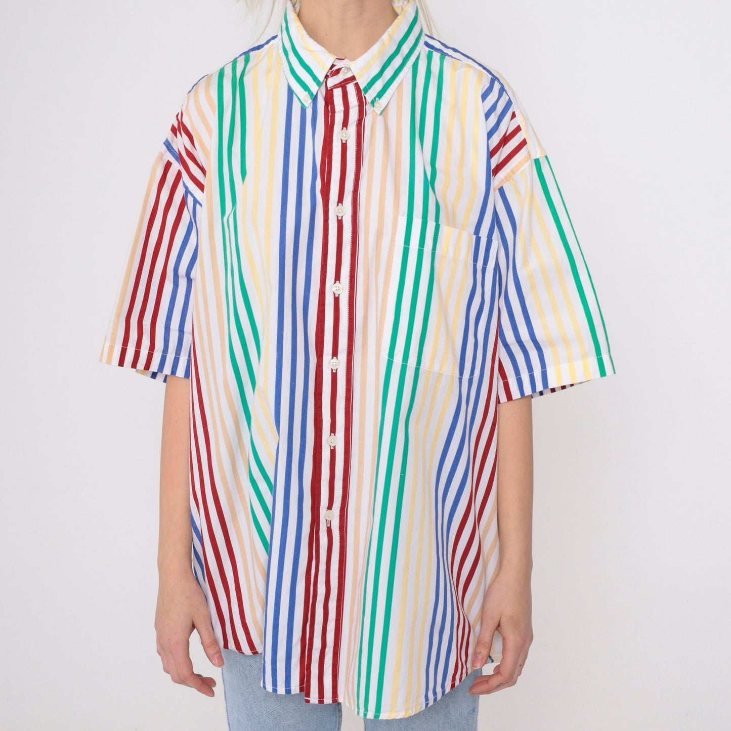 90s Van Heusen Striped Button-Up Shirt Multicolour Short Sleeve Men's Large