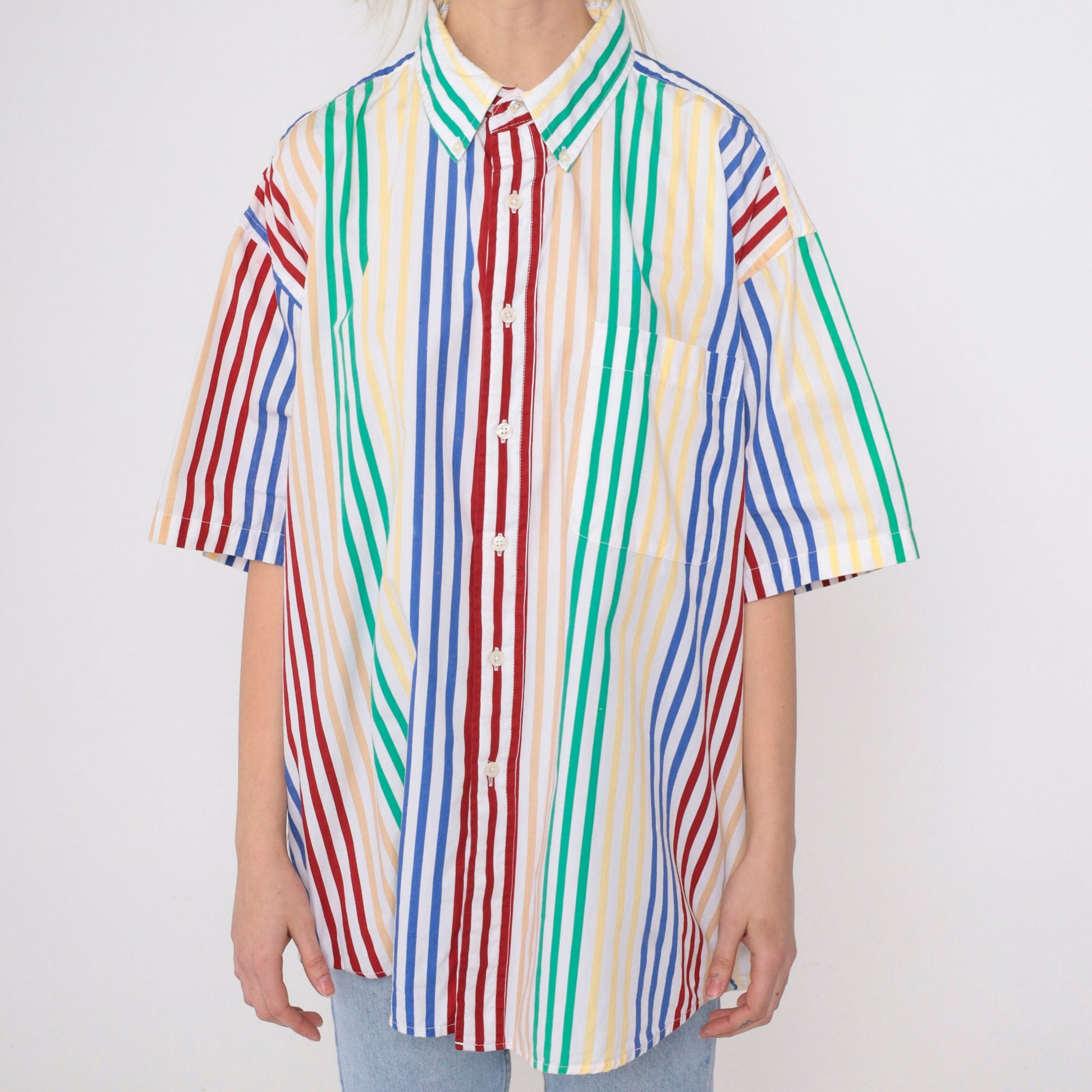 90s Van Heusen Striped Button-Up Shirt Multicolour Short Sleeve Men's Large