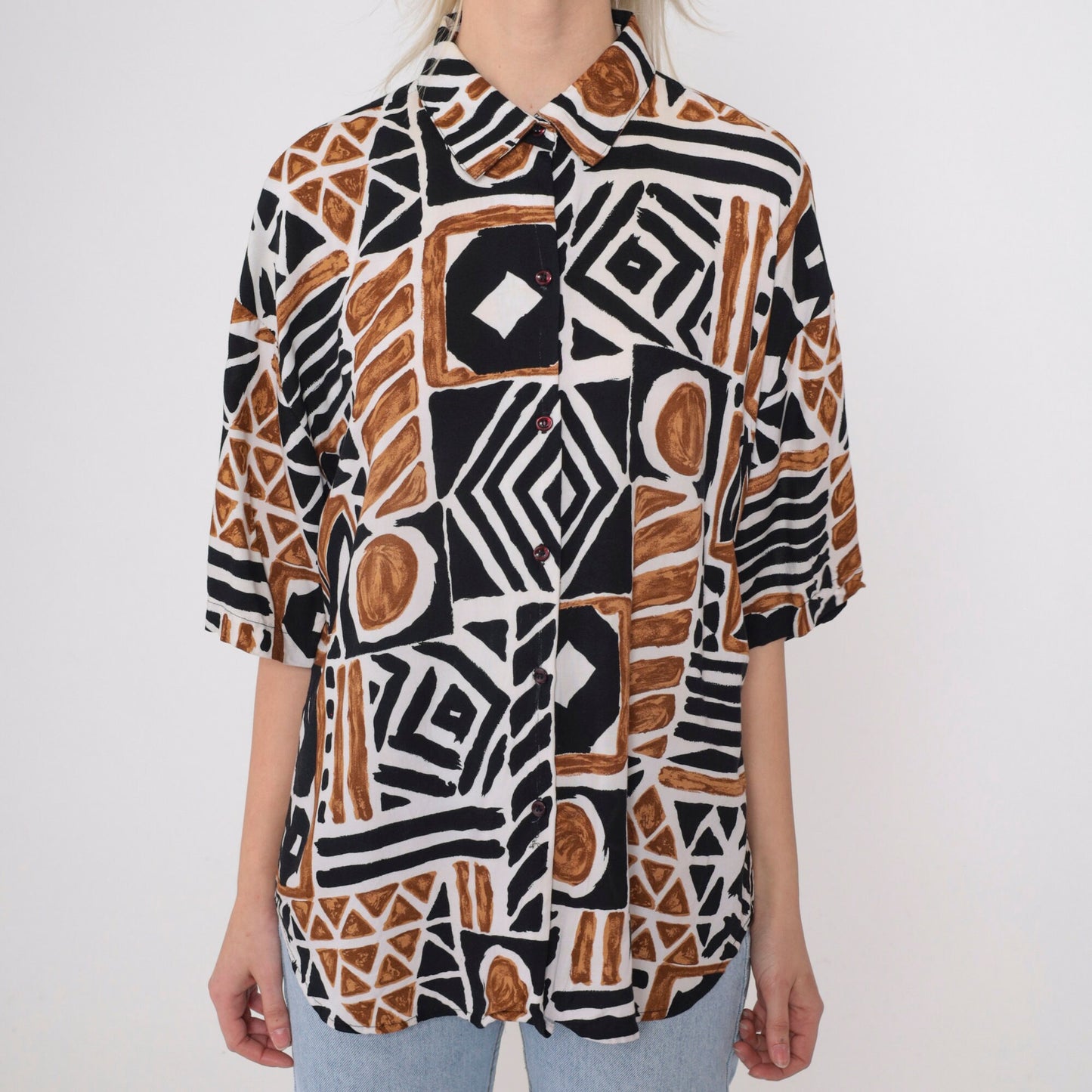 90s Kathie Lee Plus Geometric Safari Print Button Up Blouse Brown Black Extra Large XXL