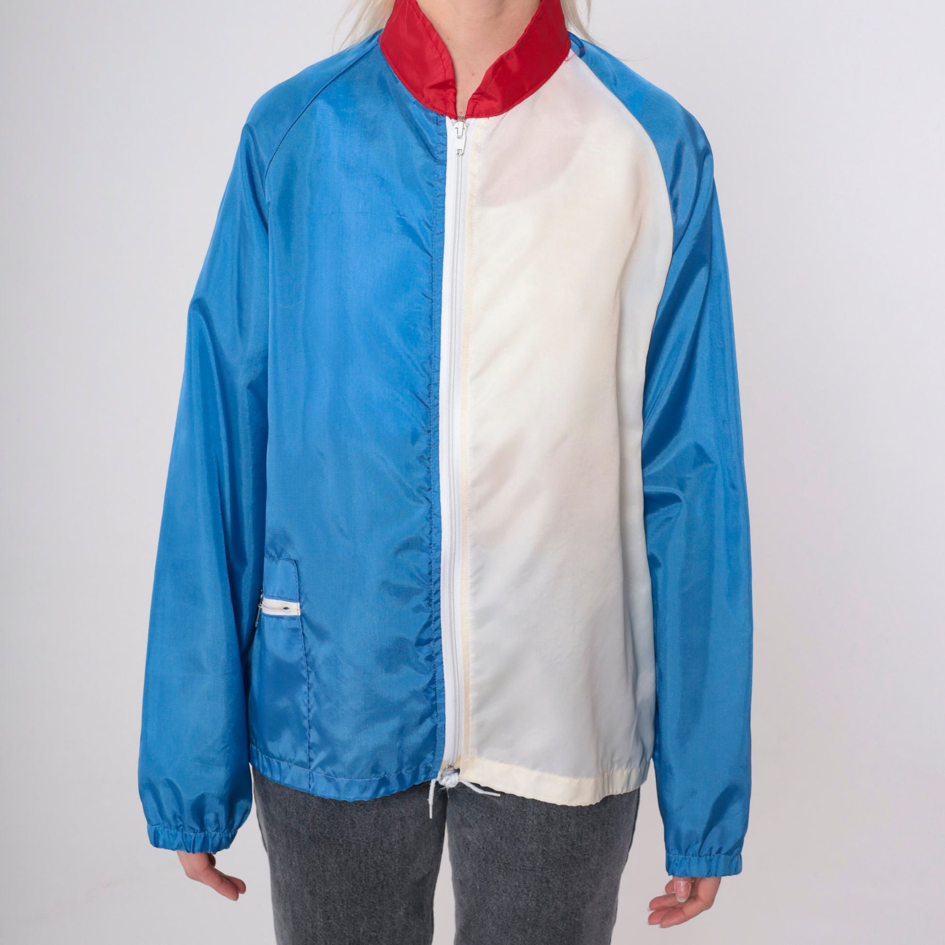 80s Baseball Windbreaker Jacket Blue White Colour Block Raglan Medium